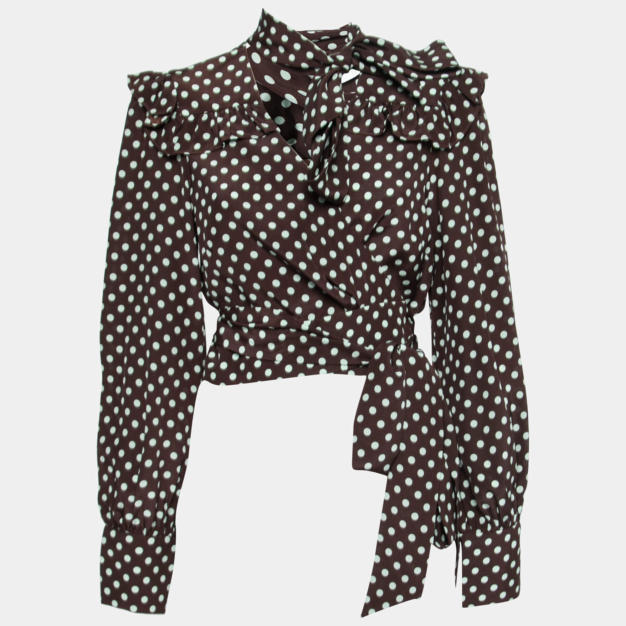 Pre Owned Zimmermann Brown Polka Dotted Crepe De Chine Wrap Top L