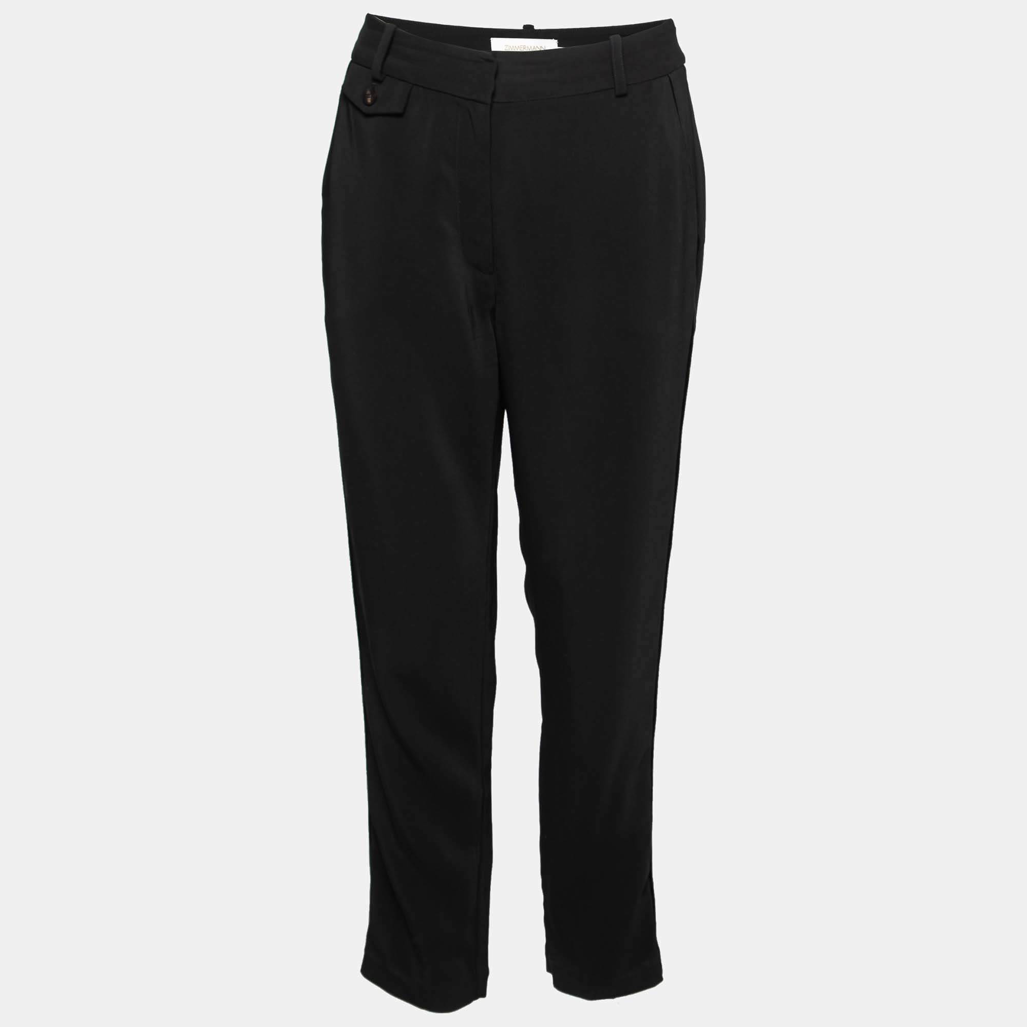 Pre Owned Zimmermann Black Crepe Velvet Trim Detail Tapered Trousers M