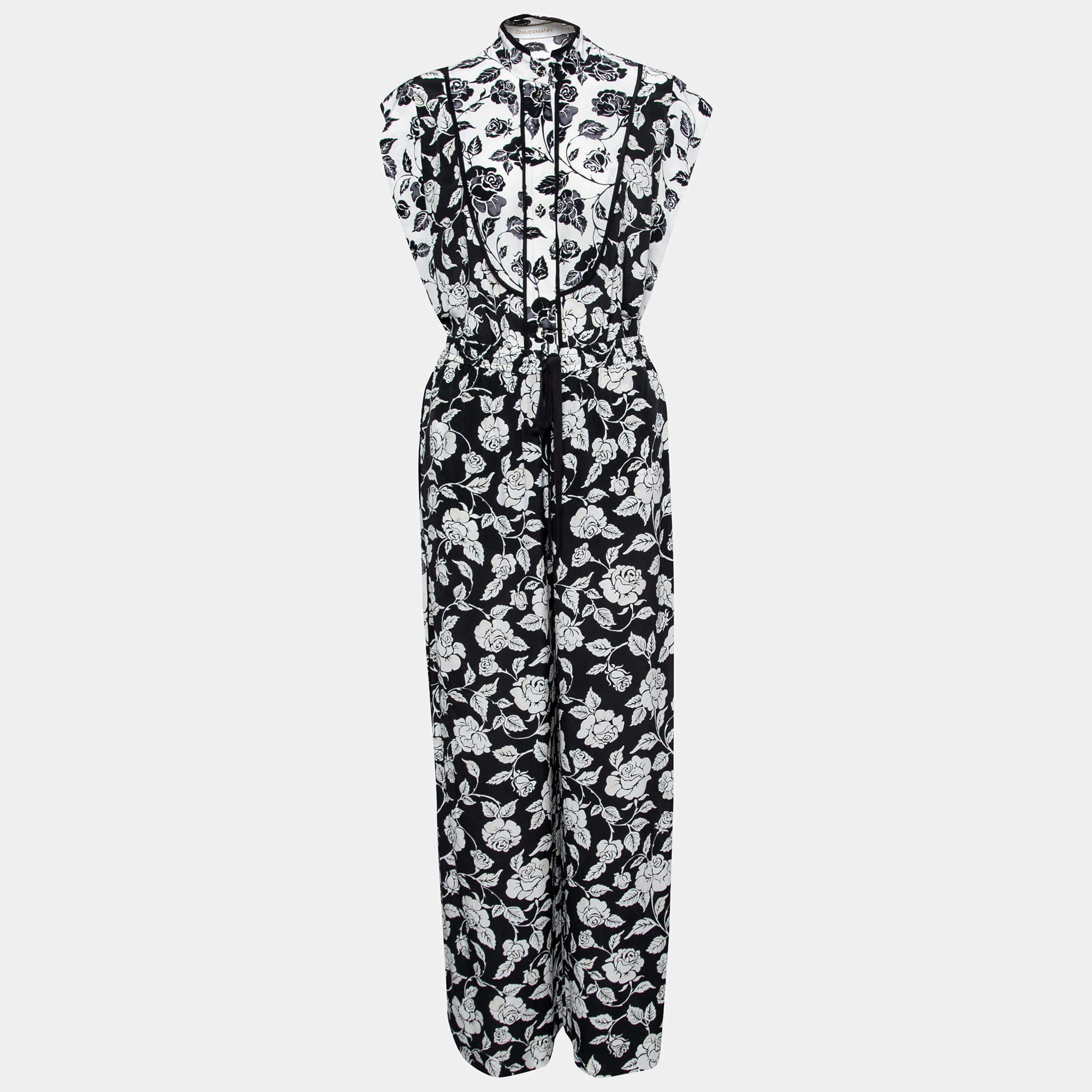 Pre Owned Zimmermann Black and White Rose Print Crepe Shirt and Trouser Suit S