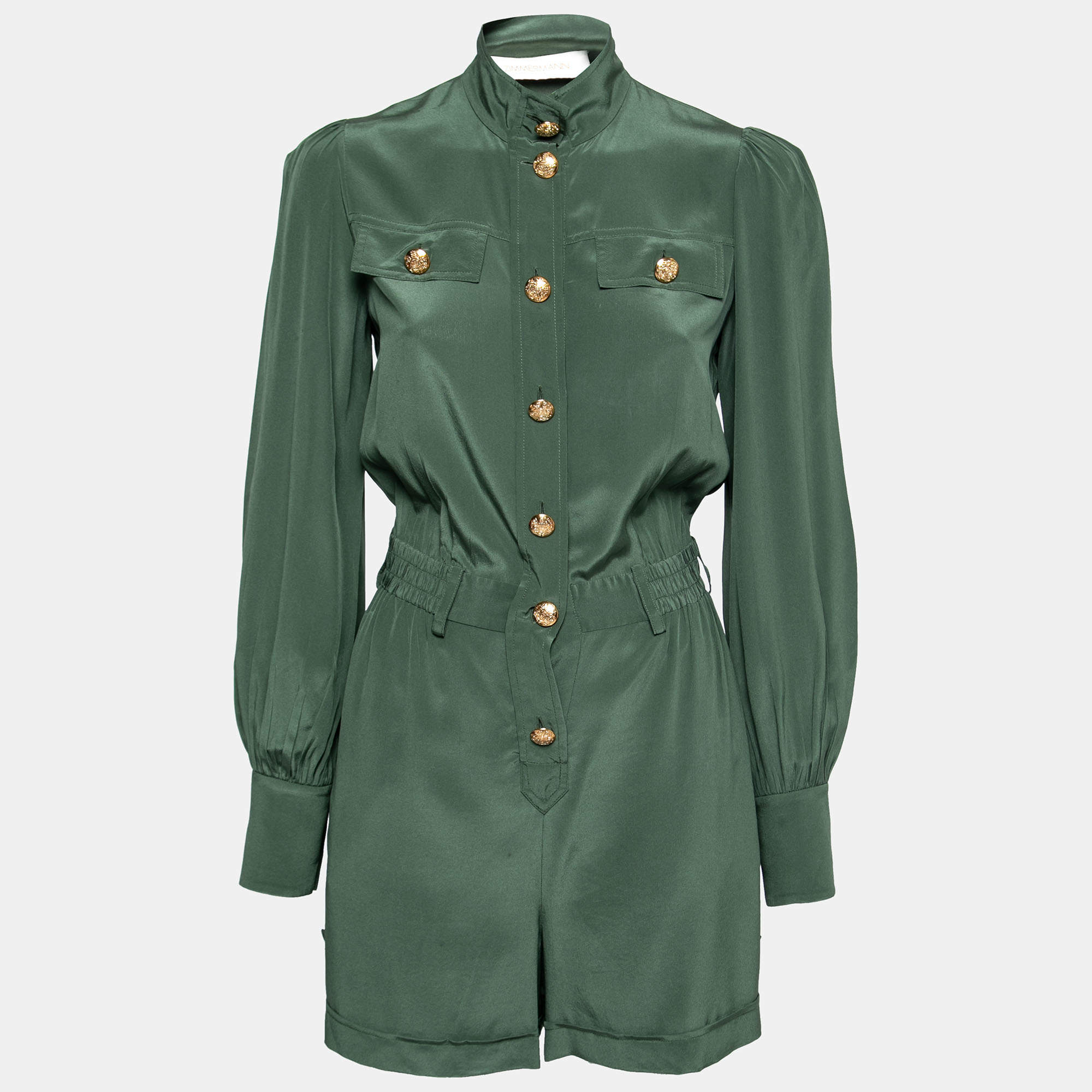 Pre Owned Zimmermann Green Silk Button Front Short Romper XS