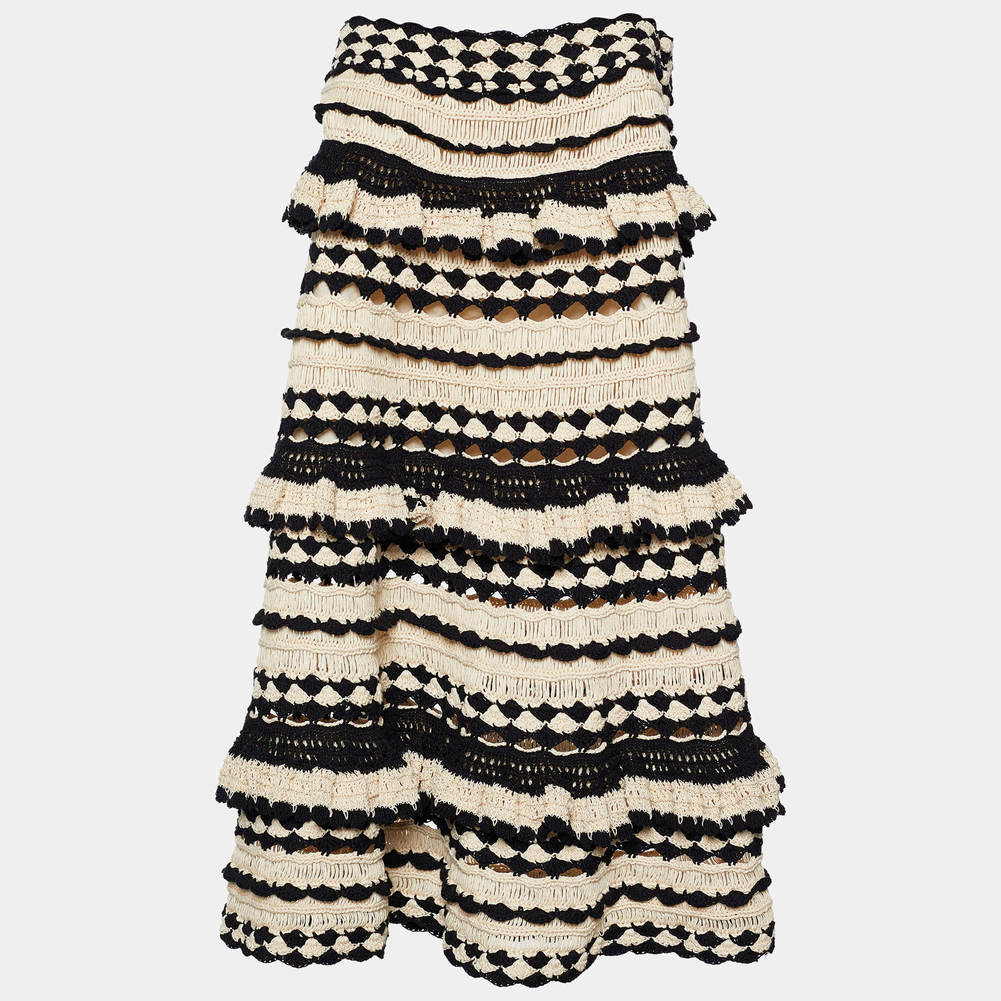 Pre Owned Zimmermann Monochrome Crochet Cotton Knit Anneke Tiered Skirt XS
