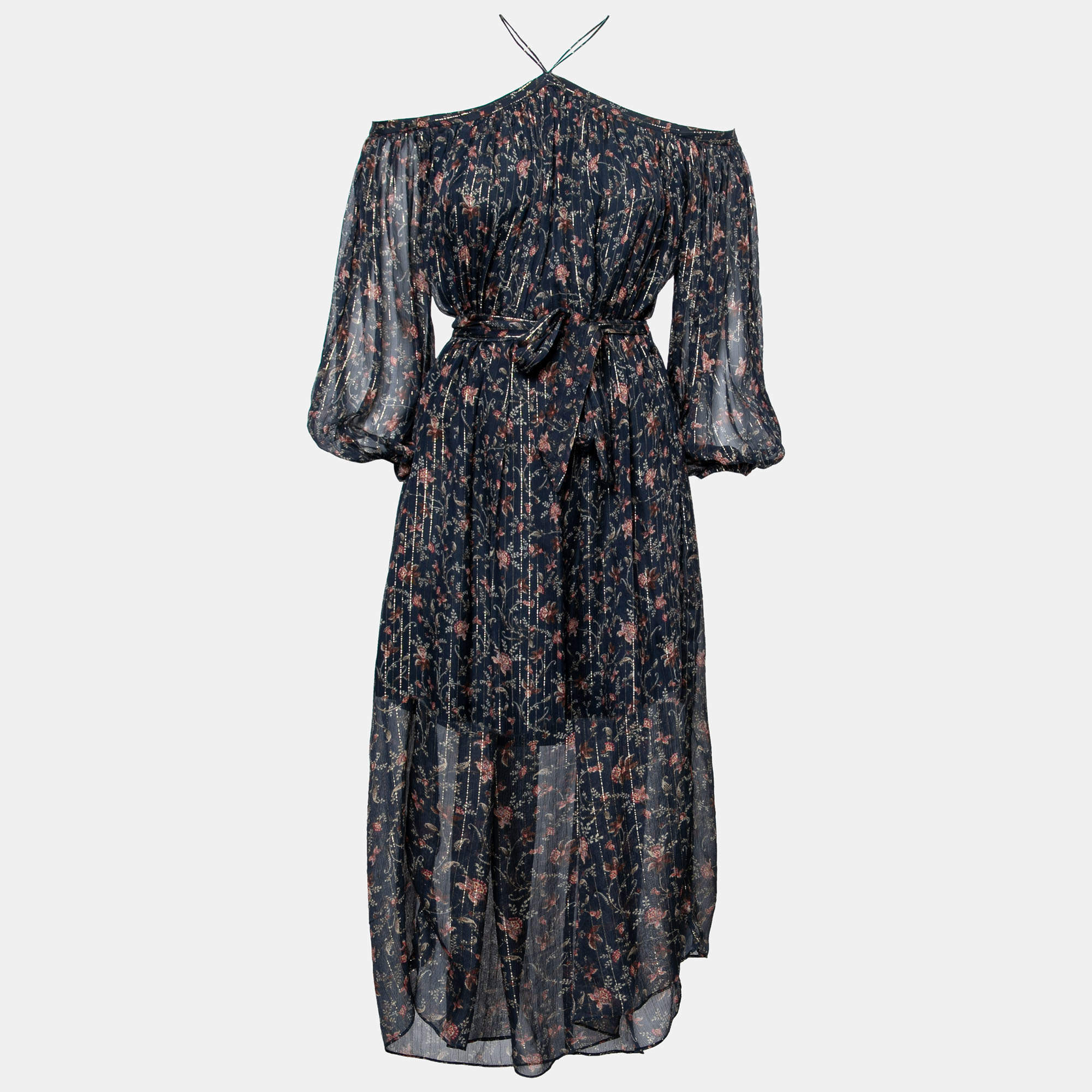 Pre Owned Zimmermann Navy Blue Floral Print Silk Diamond Halter Neck Dress S