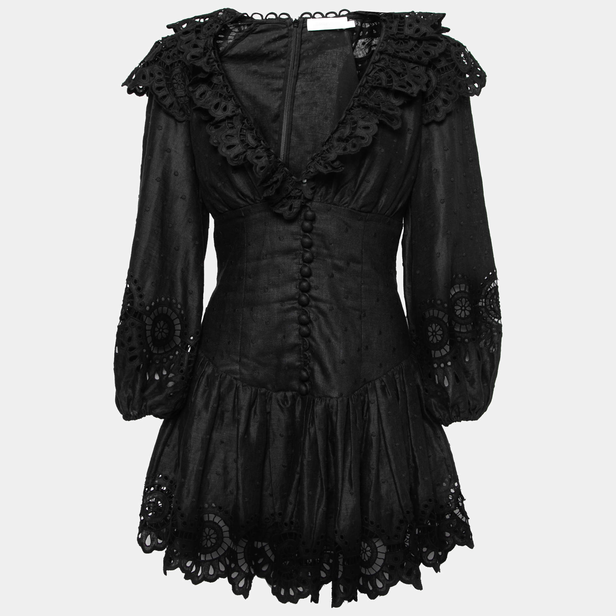 Pre Owned Zimmermann Black Linen Bellitude Ruffle-Neck  Mini Dress M