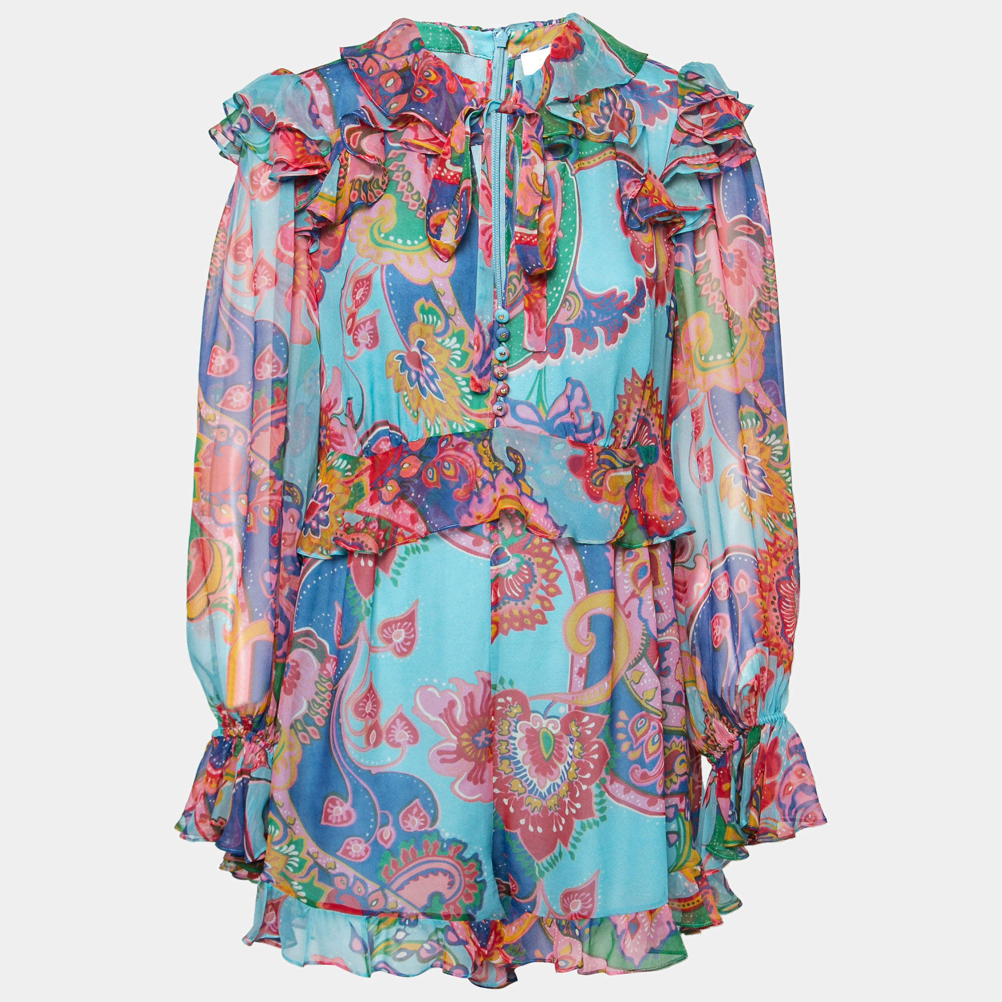 Pre Owned Zimmermann Blue Floral Printed Silk Chiffon Ruffled Jumpsuit L
