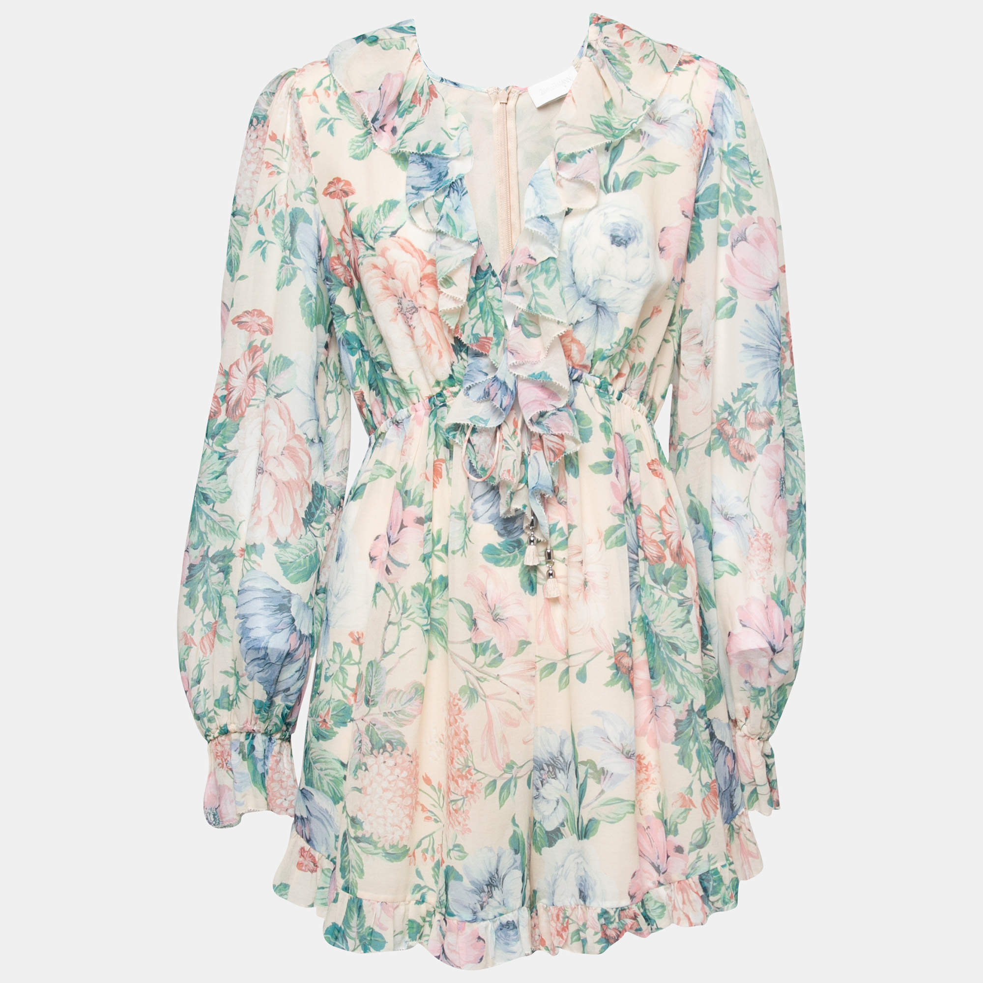 مملوكة مسبقًا Zimmermann Beige Floral Print Silk Ruffled Jumpsuit L
