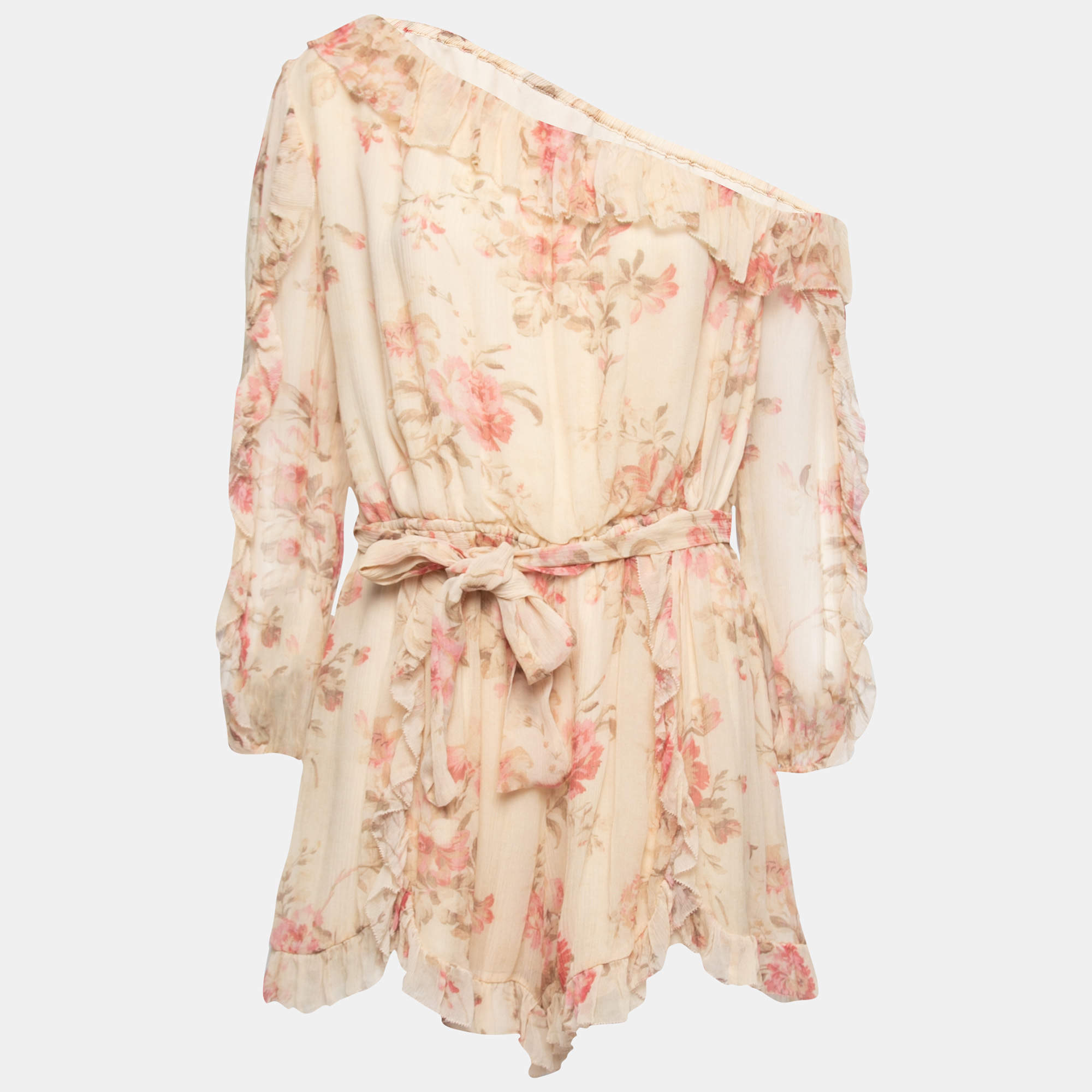 Pre Owned Zimmermann Light Yellow Floral Print Silk Ruffled Off-Shoulder Jumpsuit L