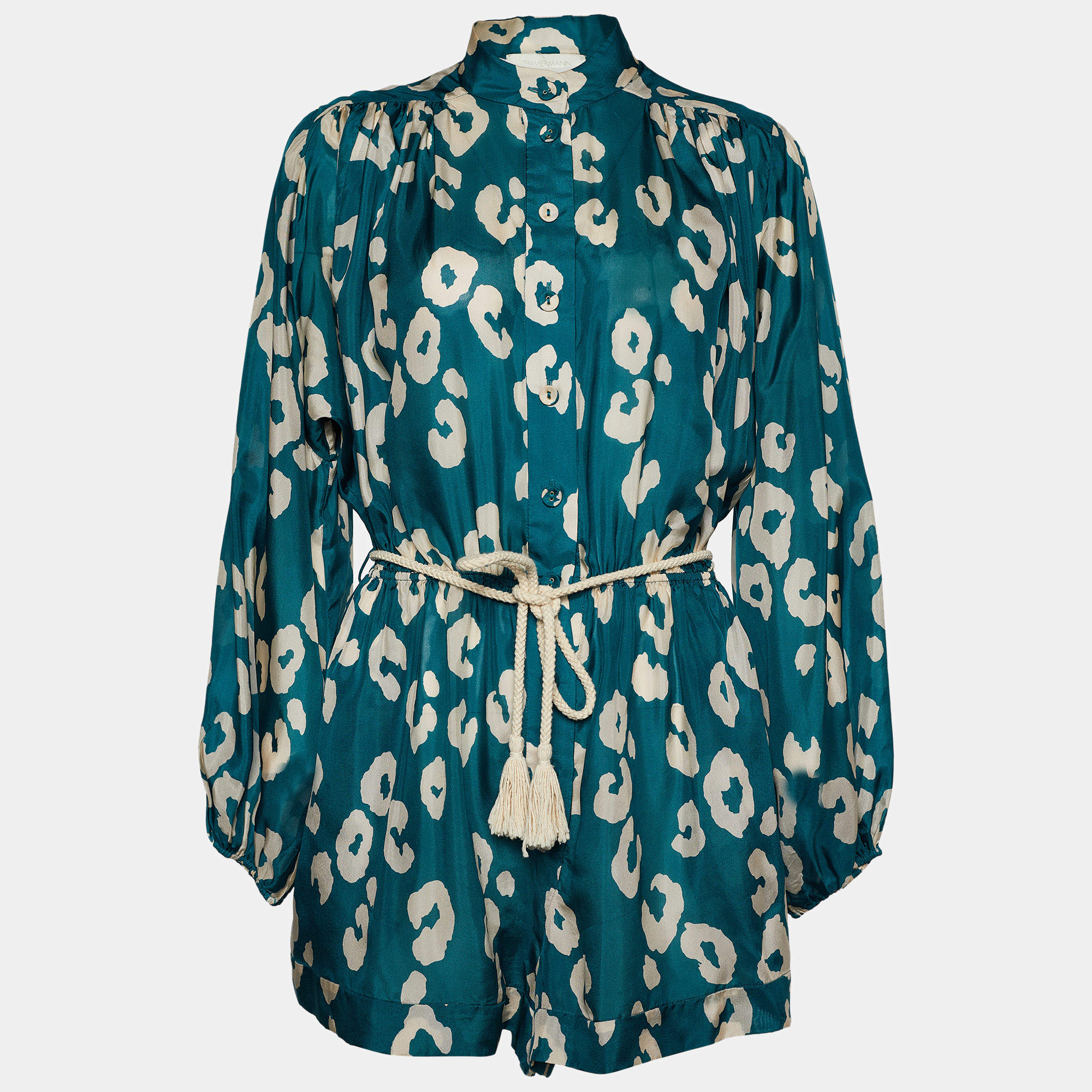 Pre Owned  Zimmermann Teal Leopard Print Silk Billow Playsuit S