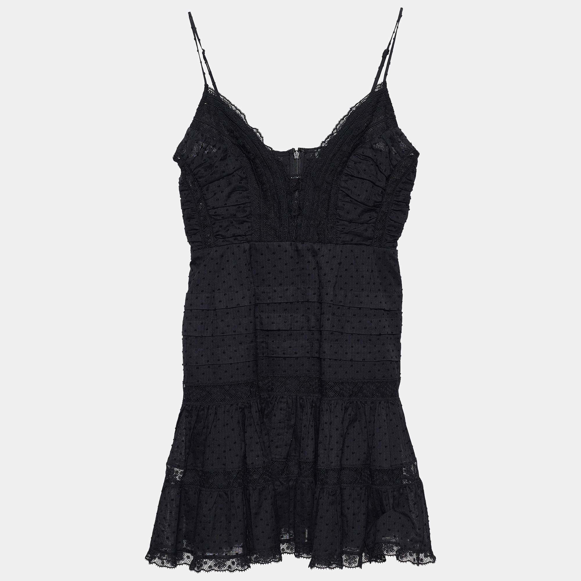 Pre Owned Zimmermann Black Textured Cotton Lace Detail Sleeveless Mini Dress M