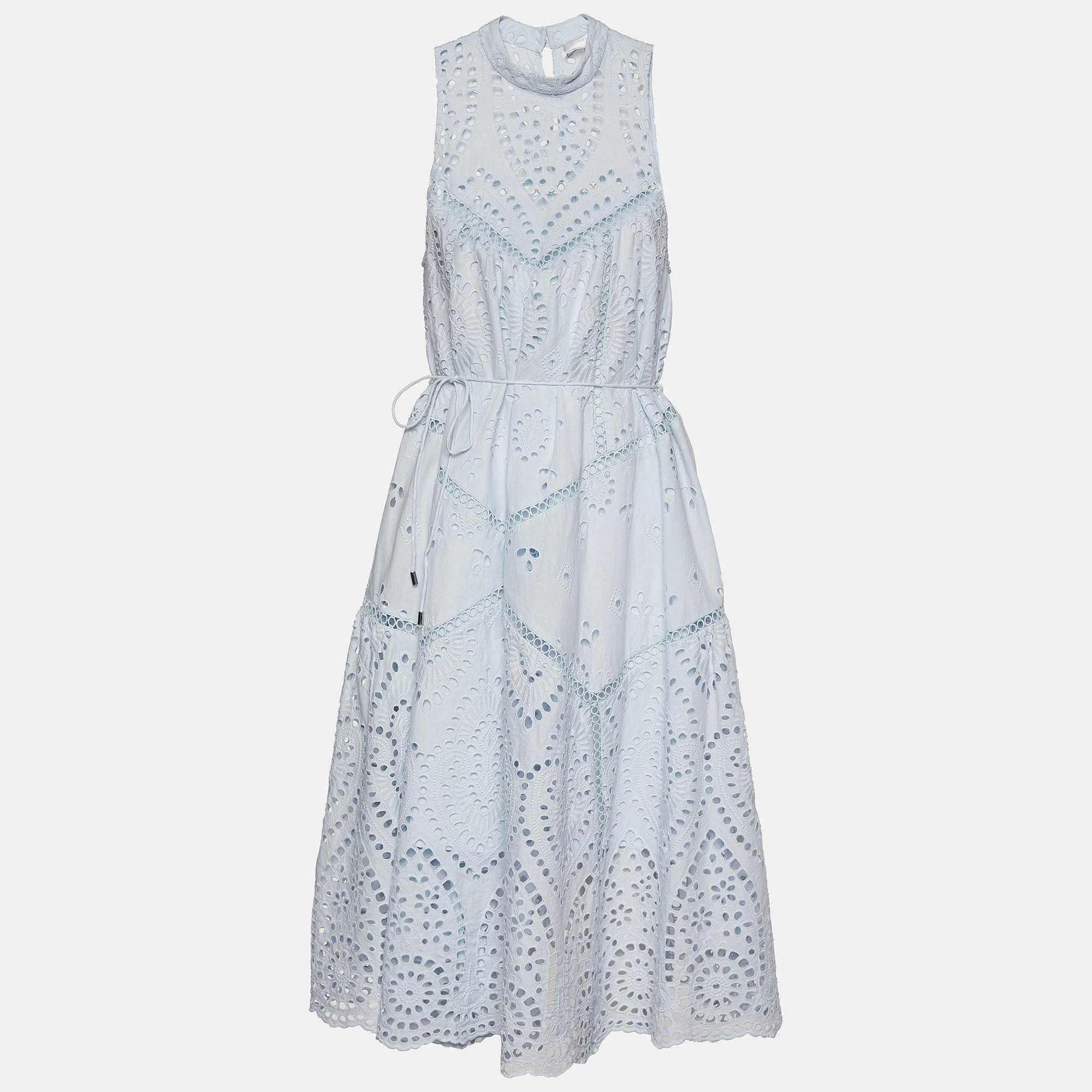 Pre Owned Zimerman Light Blue Embroidered Cotton Scalloped Hem Dress M