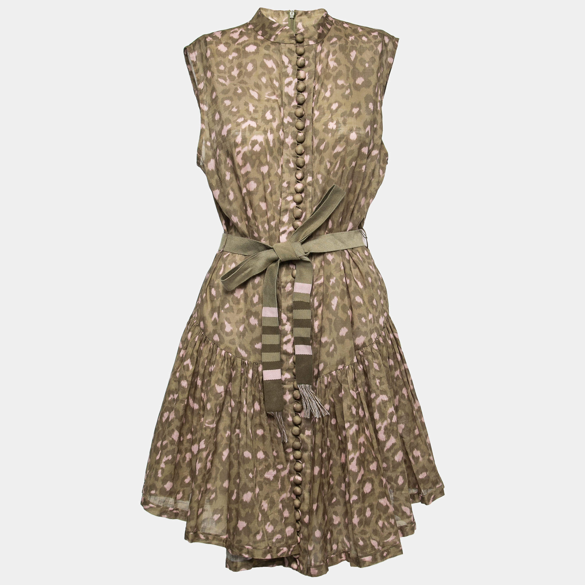 مملوكة مسبقًا Zimmermann Green Leopard Print Cotton Belted Carnaby Dress M