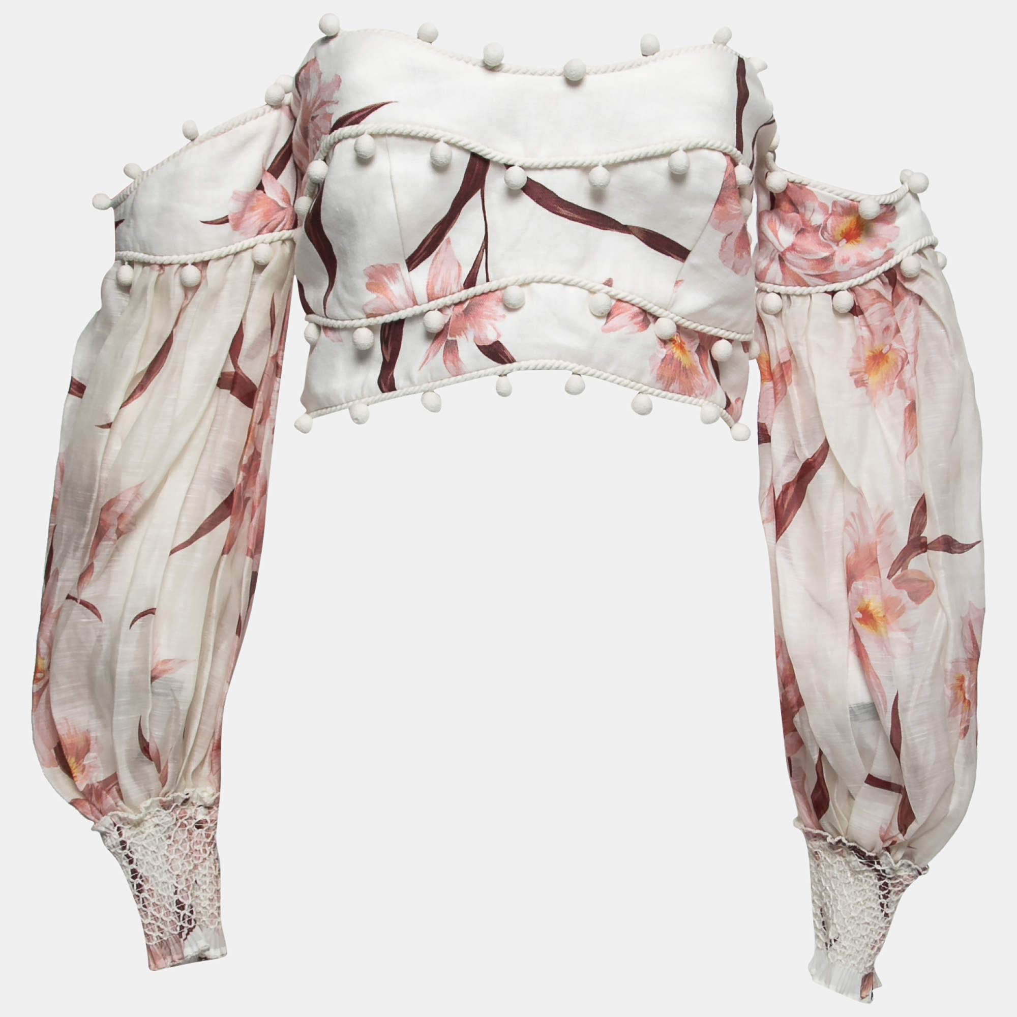 Zimmermann White Floral Print Linen Off-Shoulder Crop Top M