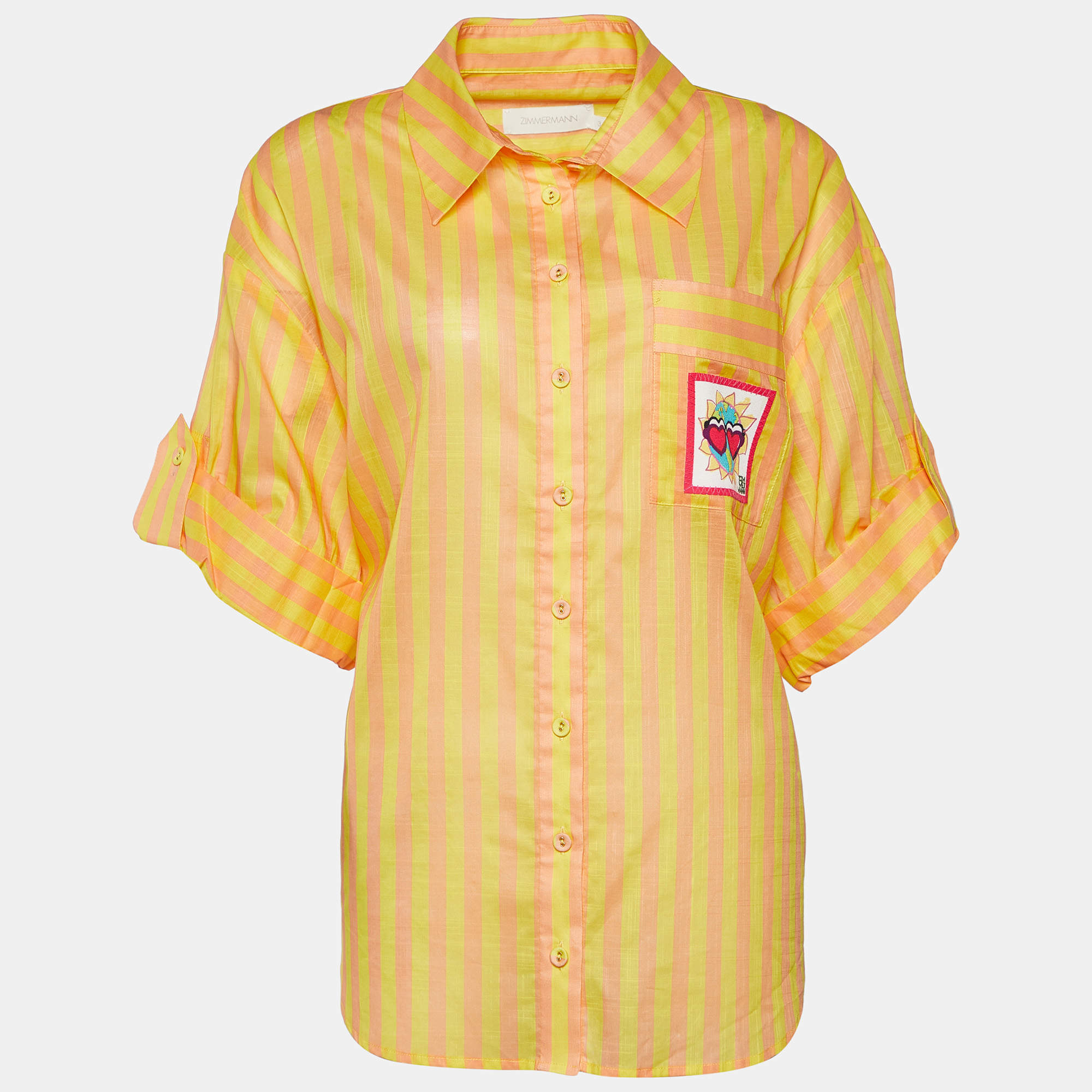 Pre Owned Zimmermann Yellow Striped Cotton Applique Detail Oversized Shirt XL