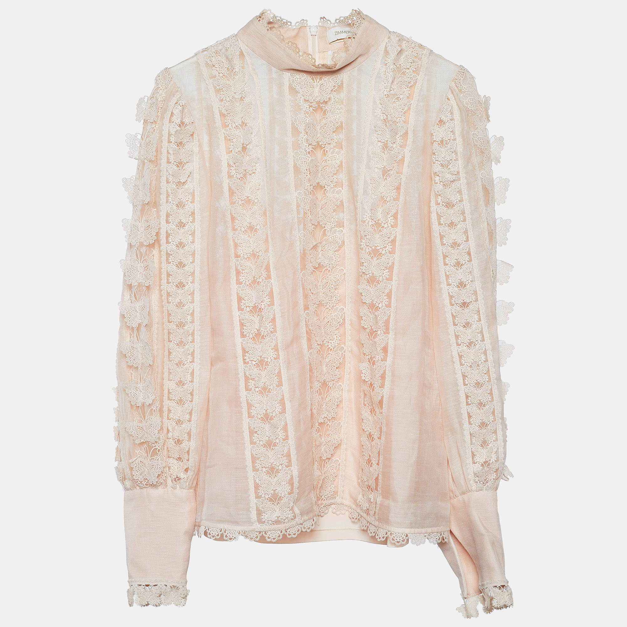 Pre Owned Zimmermann Peach Linen Silk Lace Butterfly Flutter Blouse L