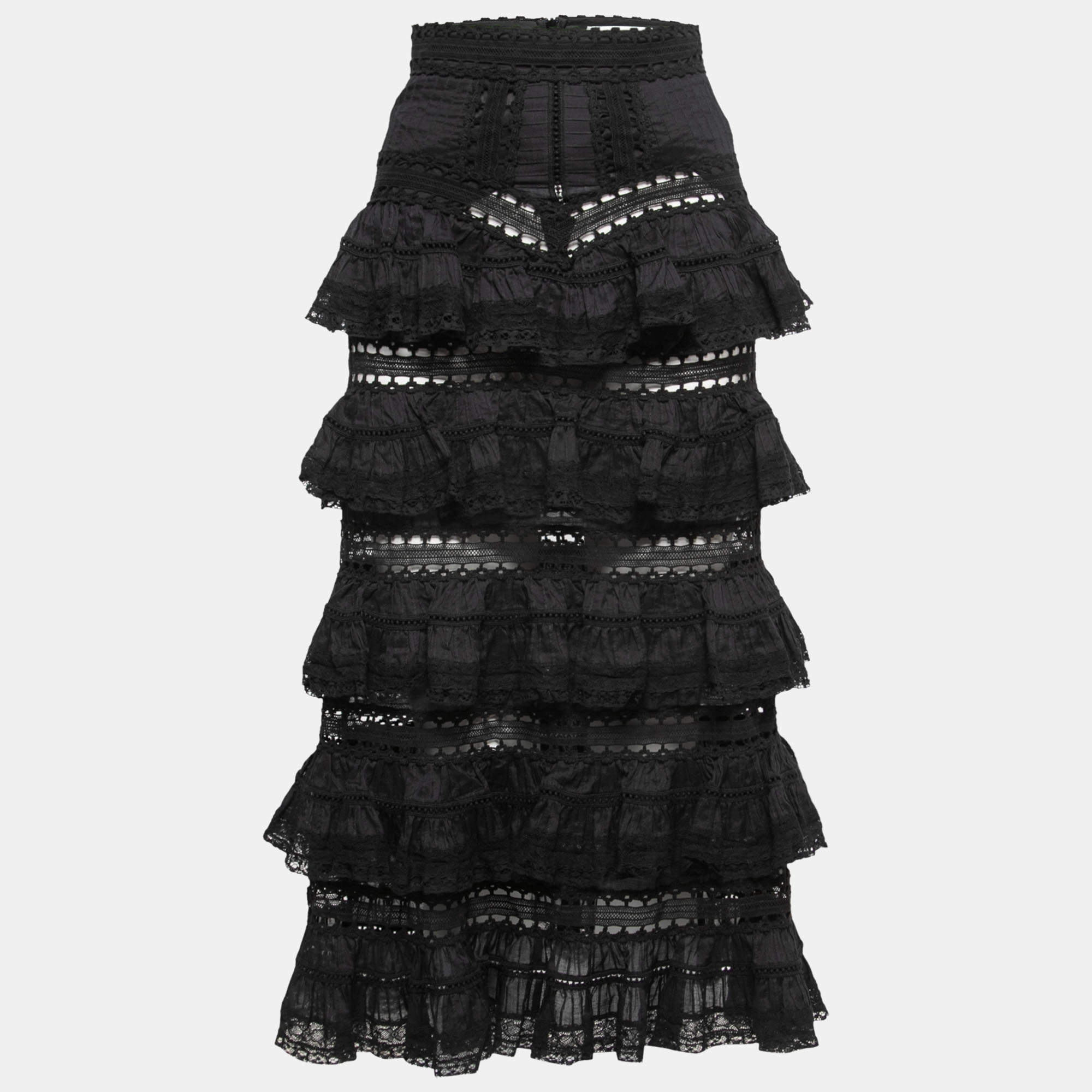 Zimmermann Black Lace Tiered Ruffled Skirt S