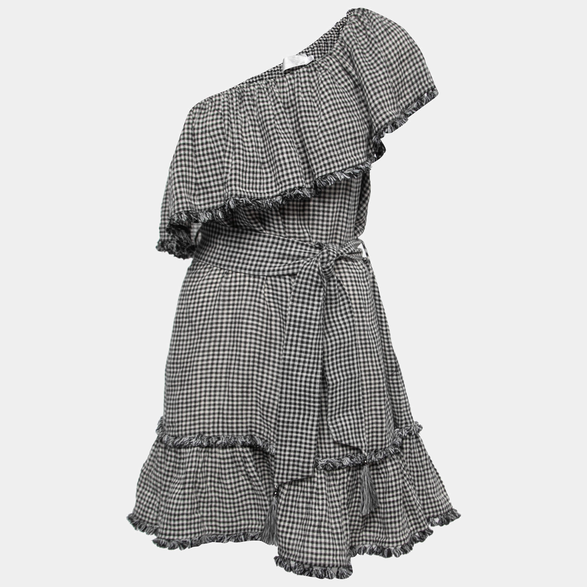 Zimmermann Black Checkered Patterned Linen Belted Mini Dress L