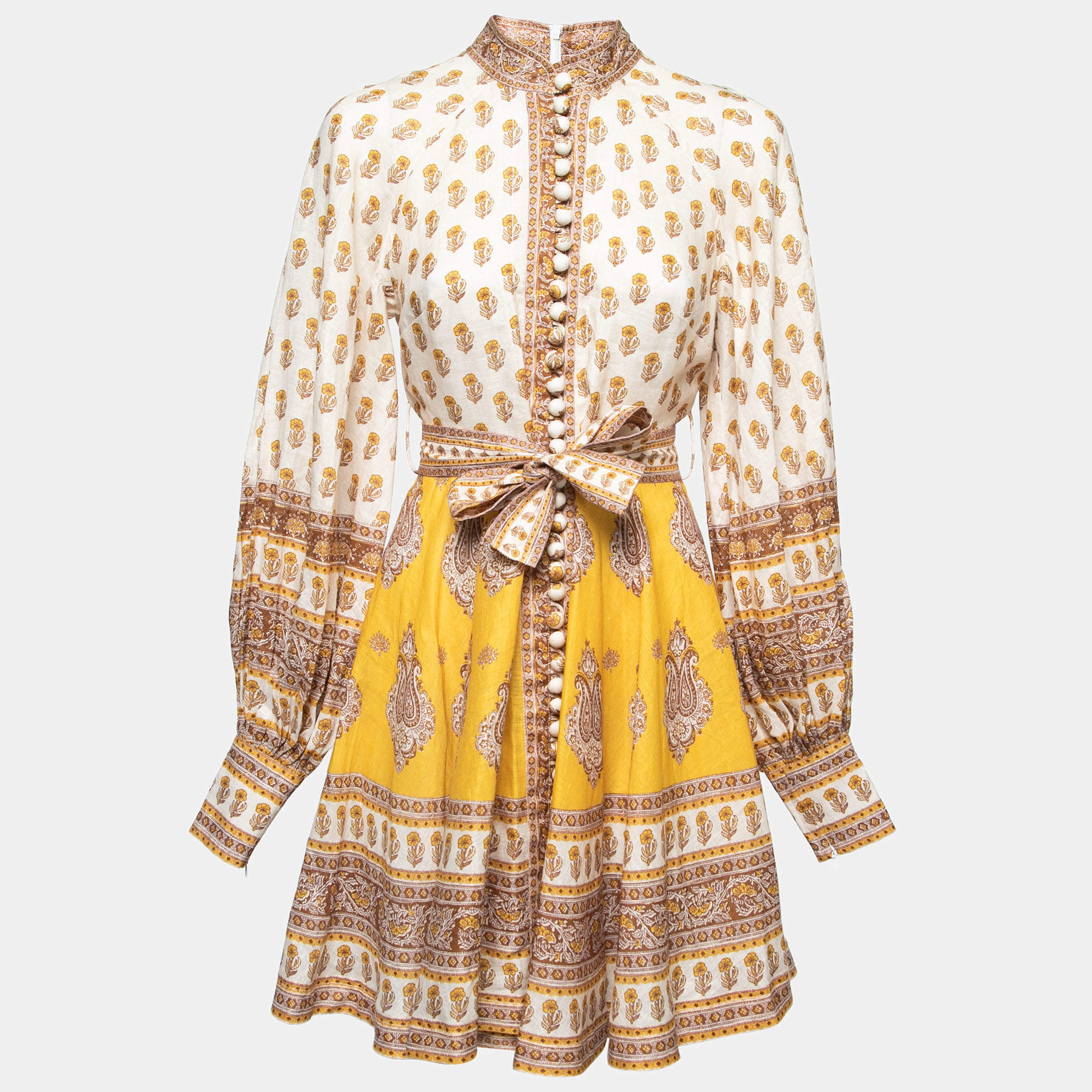 Zimmermann Cream & Yellow Paisley Printed Belted Mini Dress M