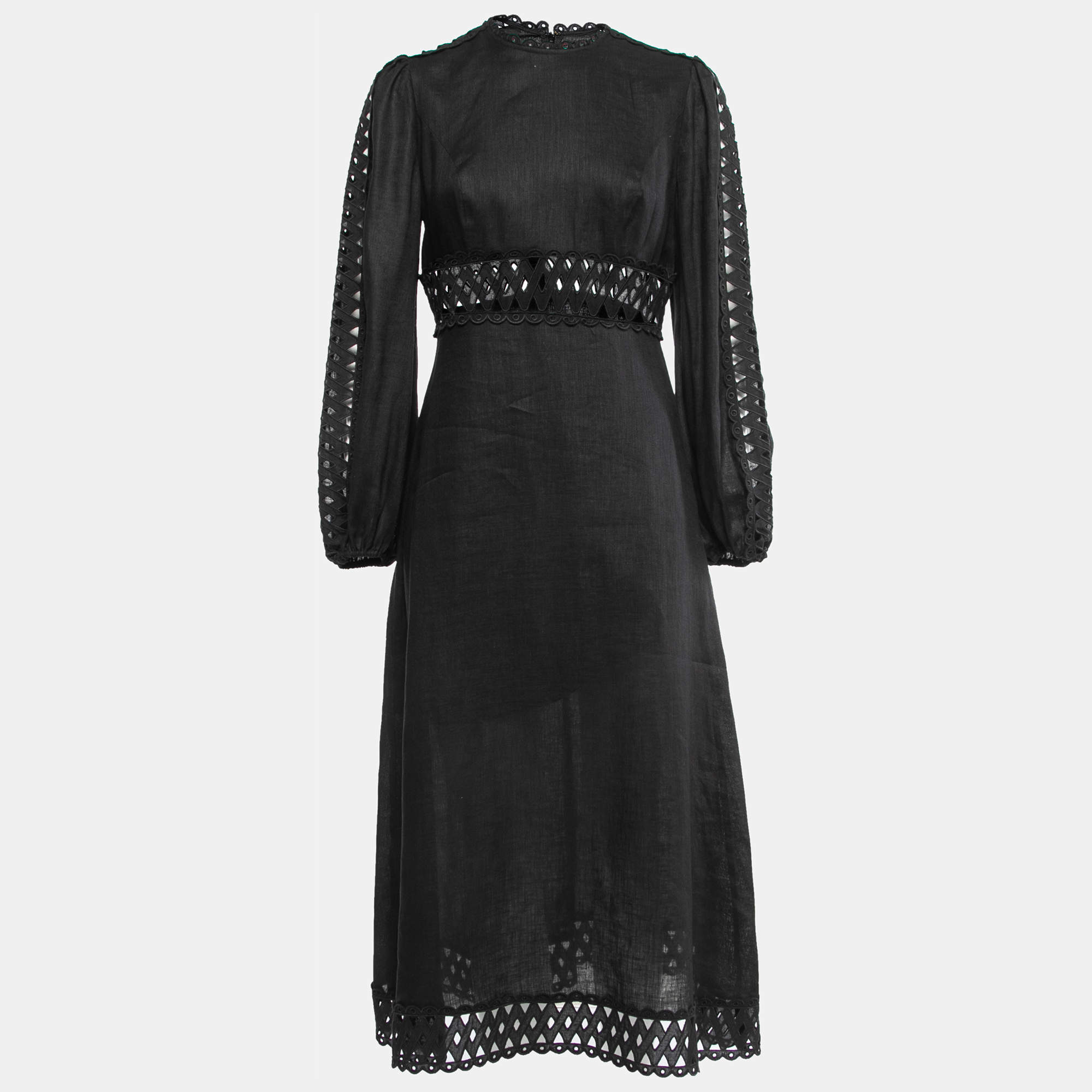 Zimmermann Black Linen Eyelet Lace Trim Midi Dress M