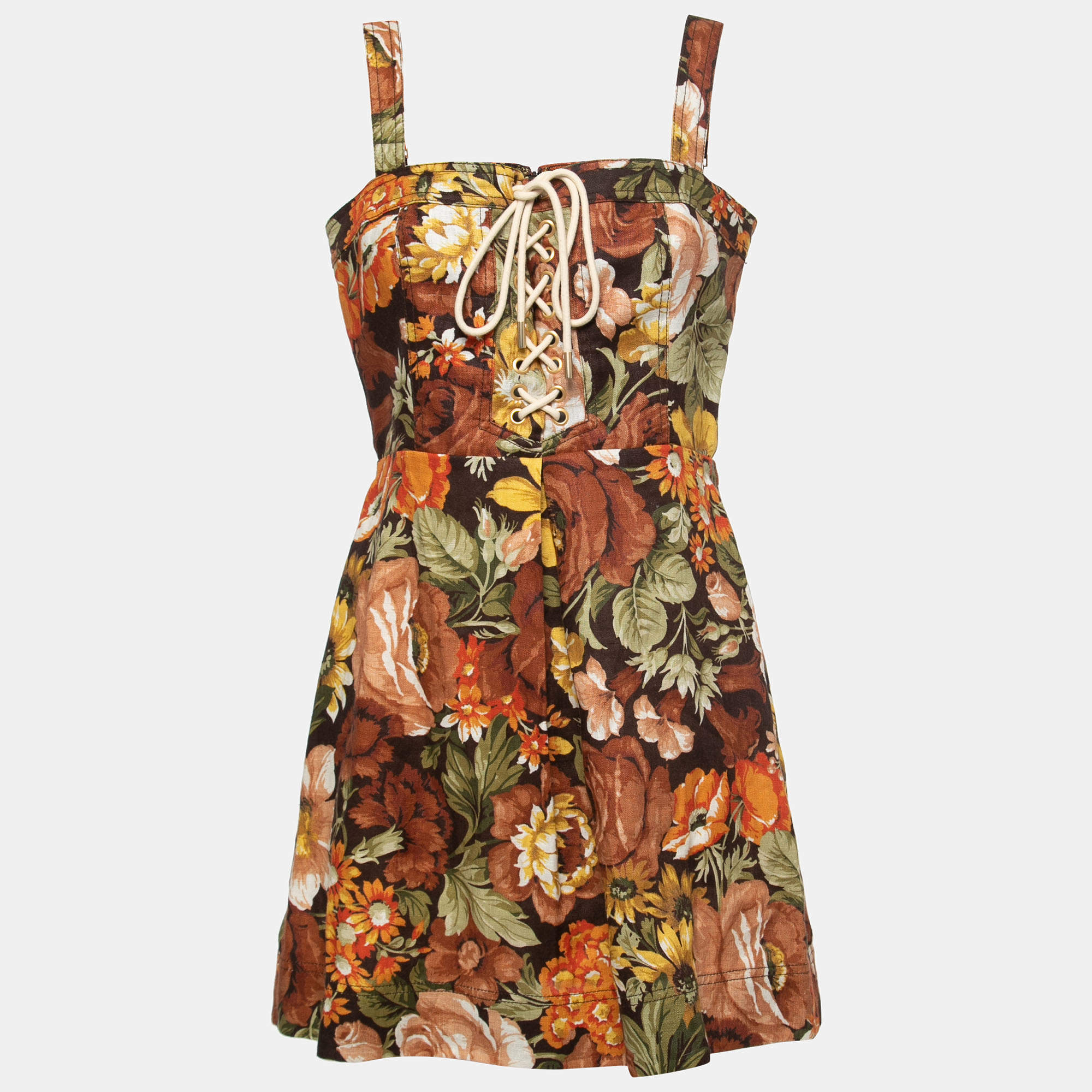 Pre Owned Zimmermann Multicolor Floral Printed Linen Bustier Mini Dress L