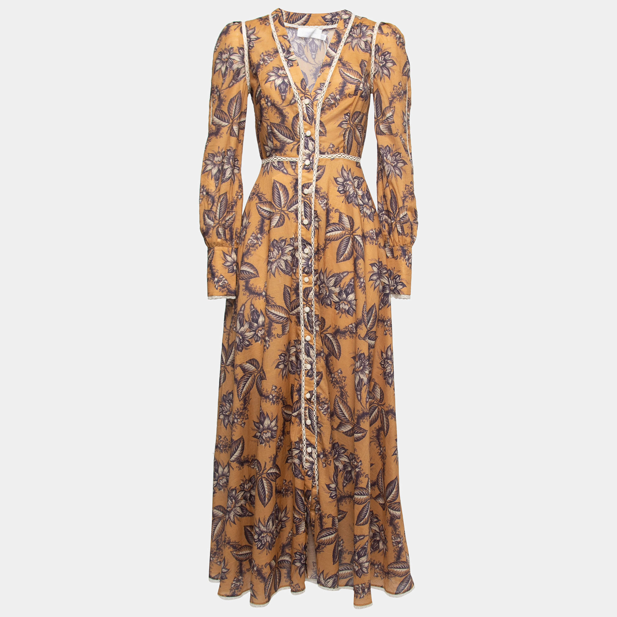 Pre Owned Zimmermann Brown Floral Cotton Lace-Trimmed Maxi Dress S