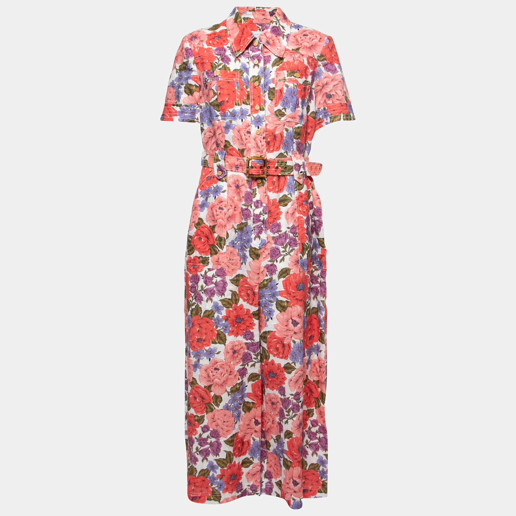 Pre Owned Zimmermann Multicolor Floral Printed Linen Belted Jumpsuit L