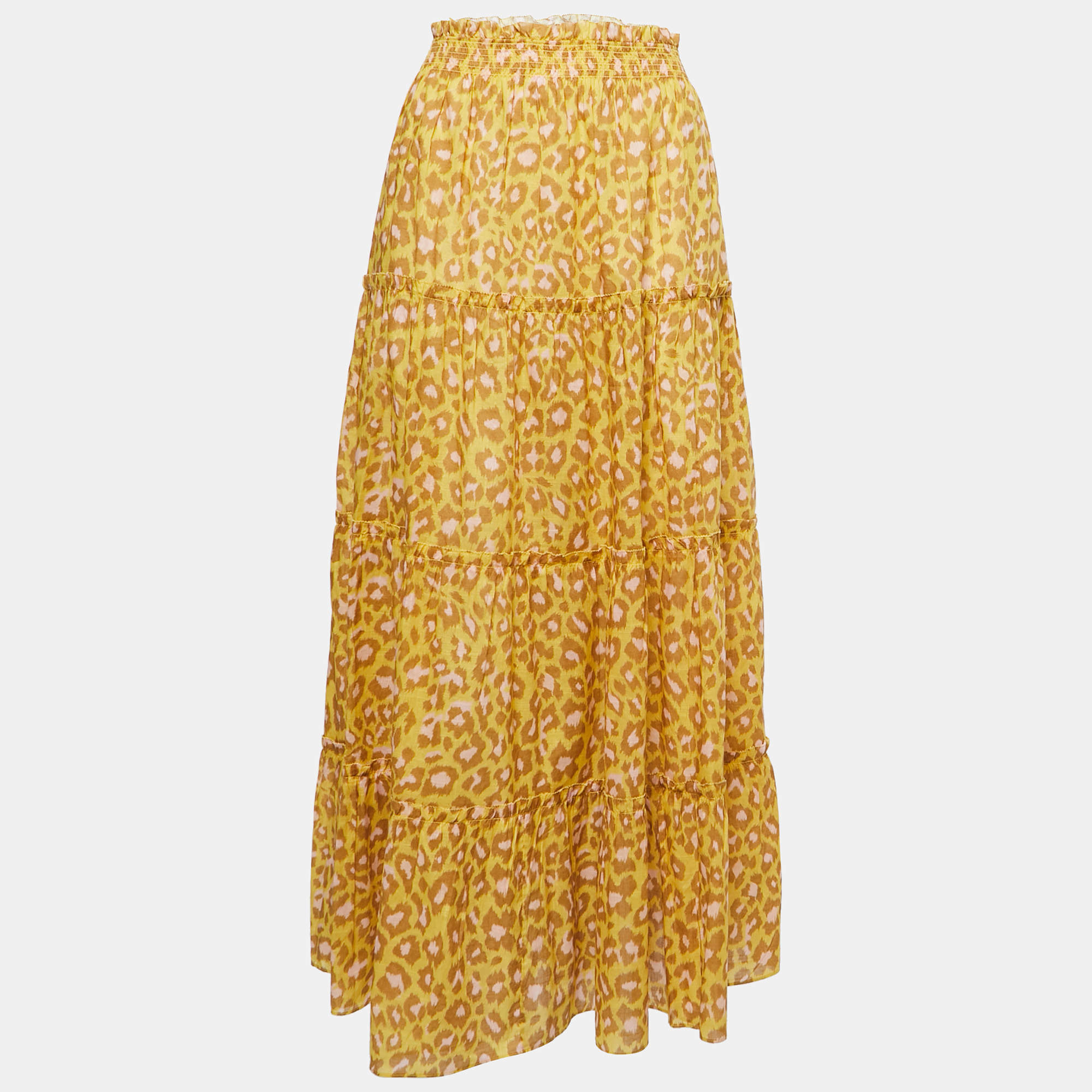Zimmermann Yellow Animal Printed Cotton Tiered Midi Skirt L