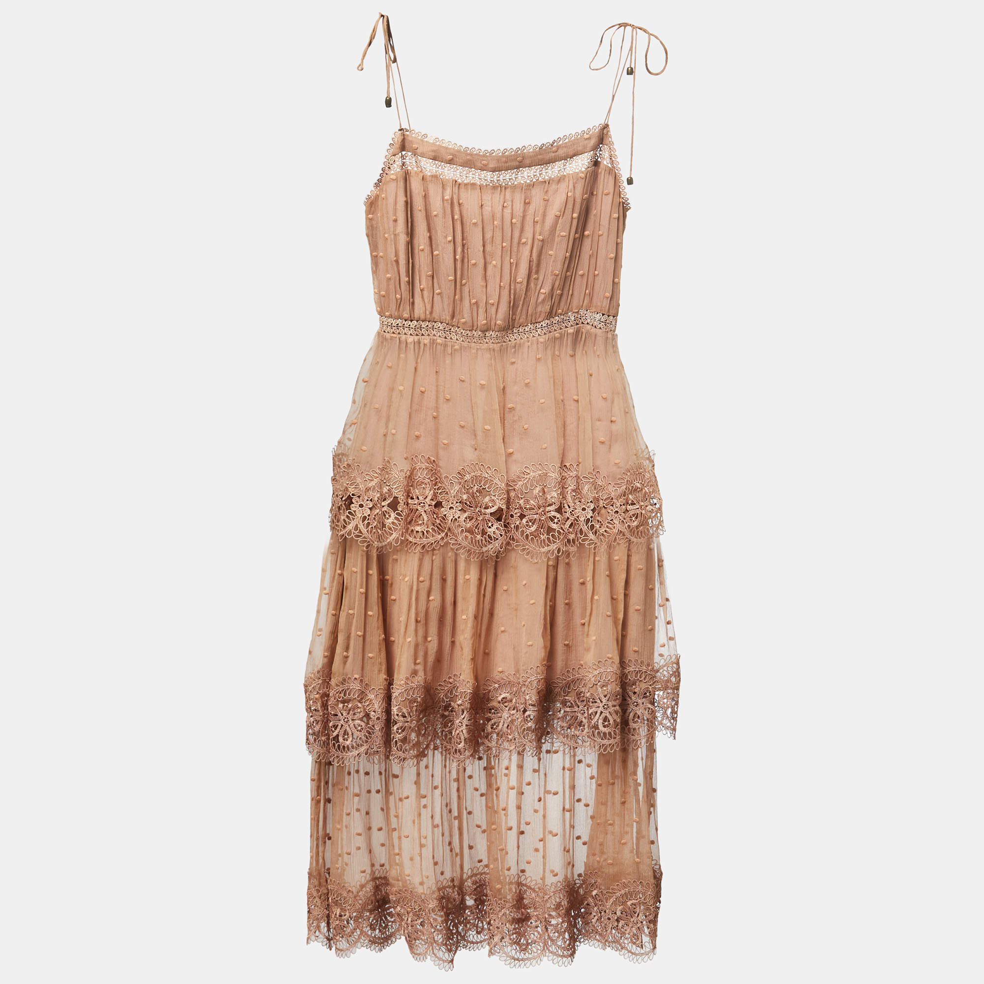 Pre Owned Zimmermann Brown Dotted Chiffon Lace Trimmed Midi Dress M