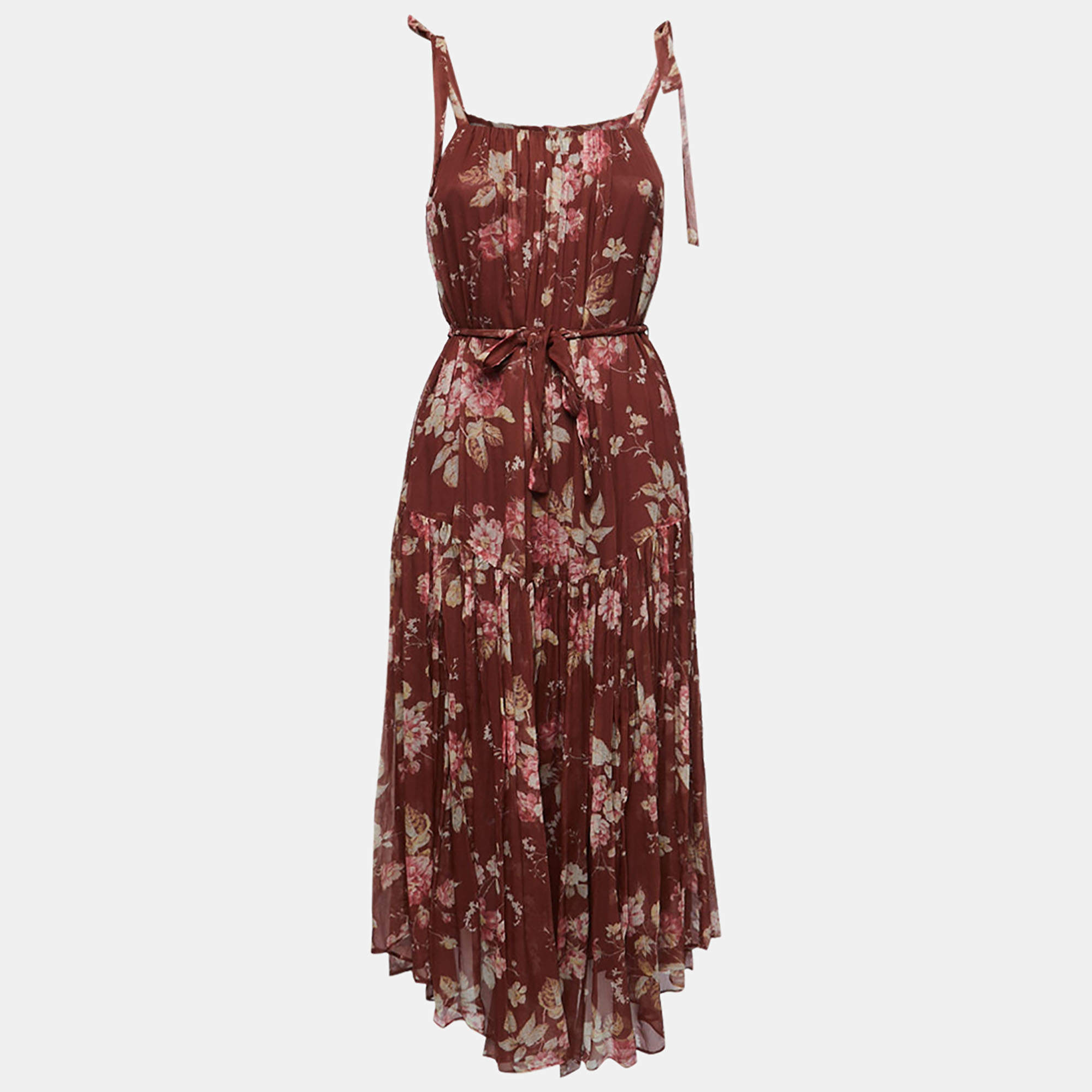 Pre Owned Zimmermann Burgundy Floral Printed Silk Sleeveless Midi Dress S