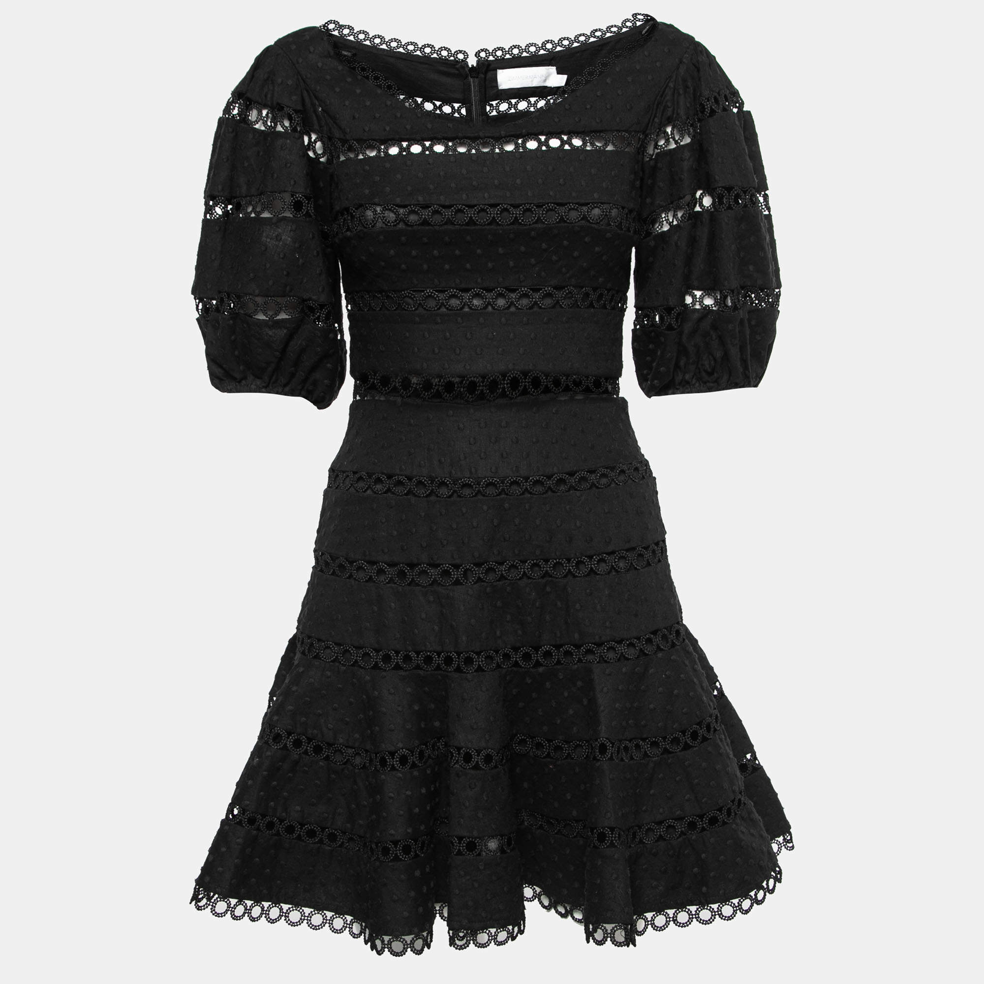Pre Owned Zimmermann Black Dotted Cotton & Linen Lace Trimmed Flared Dress S