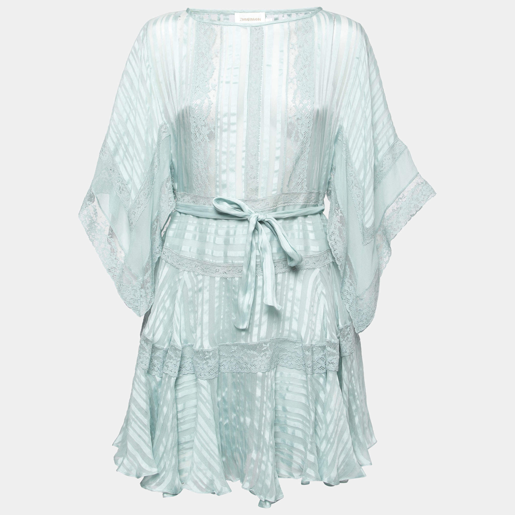 Zimmermann Pale Blue Striped Silk Whitewave Veil Mini Dress M