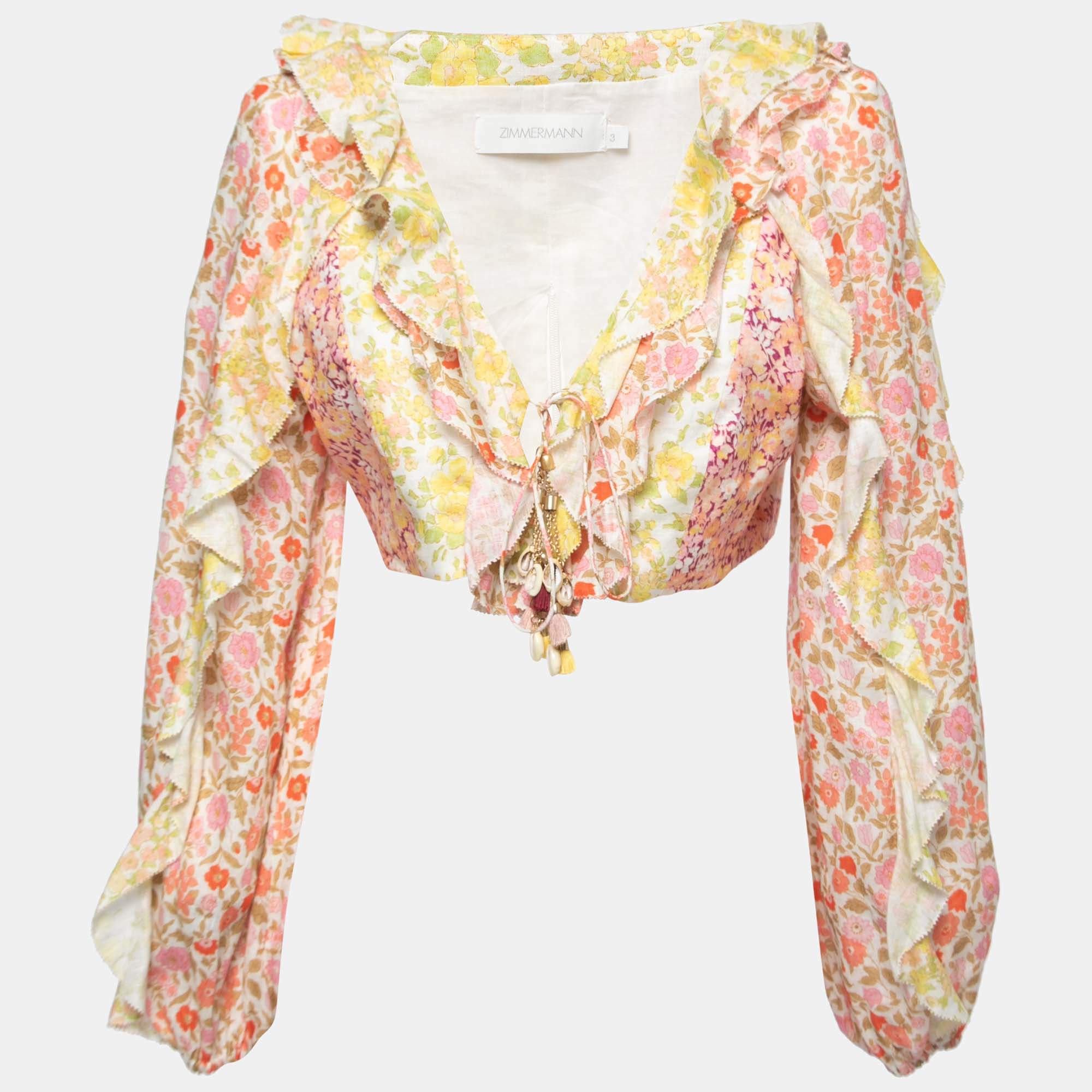 Pre Owned Zimmermann Multicolor Floral Linen Ruffle Trimmed Goldie Cropped Top L
