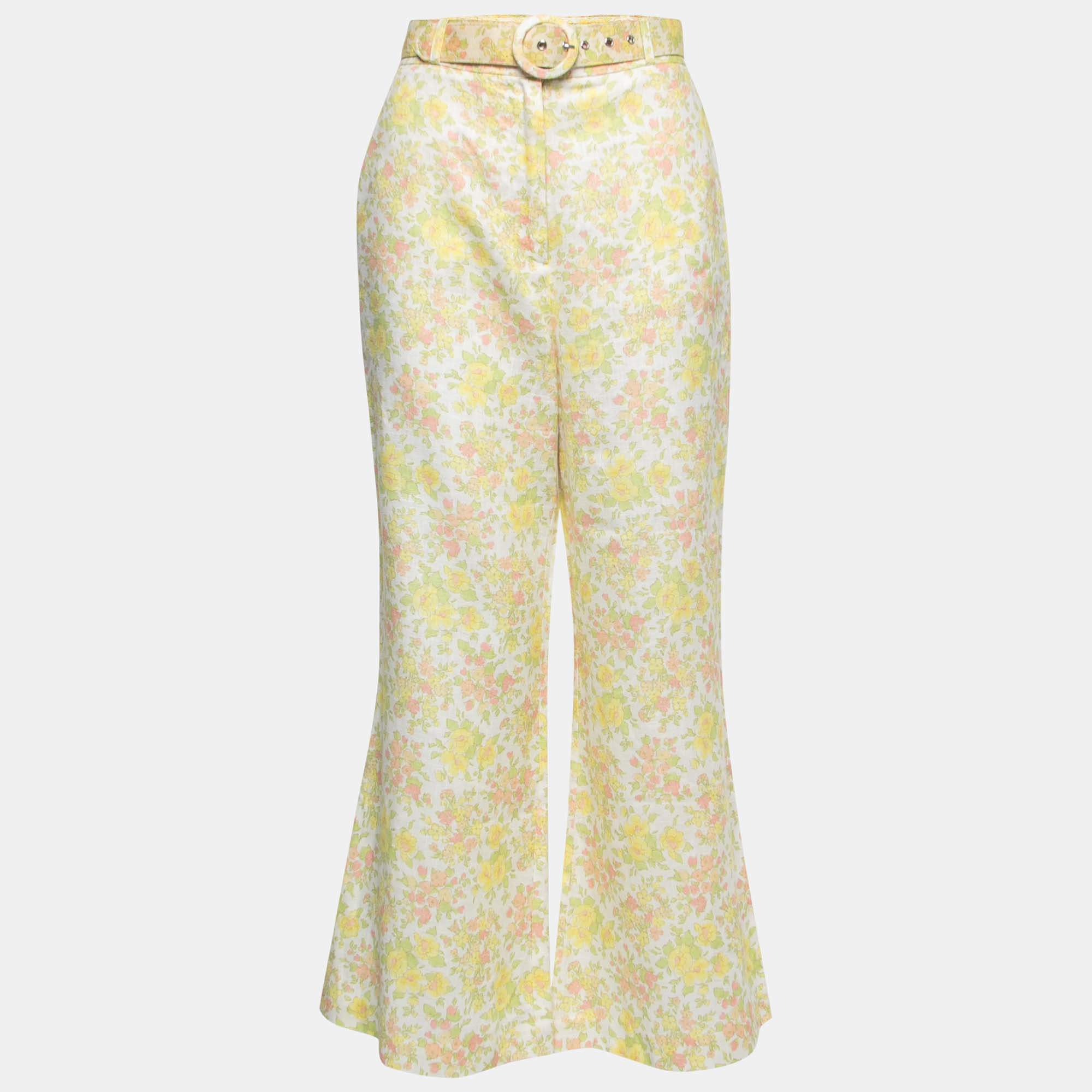 Pre Owned Zimmermann Yellow Floral Printed Linen Belted Wide Leg Trousers M