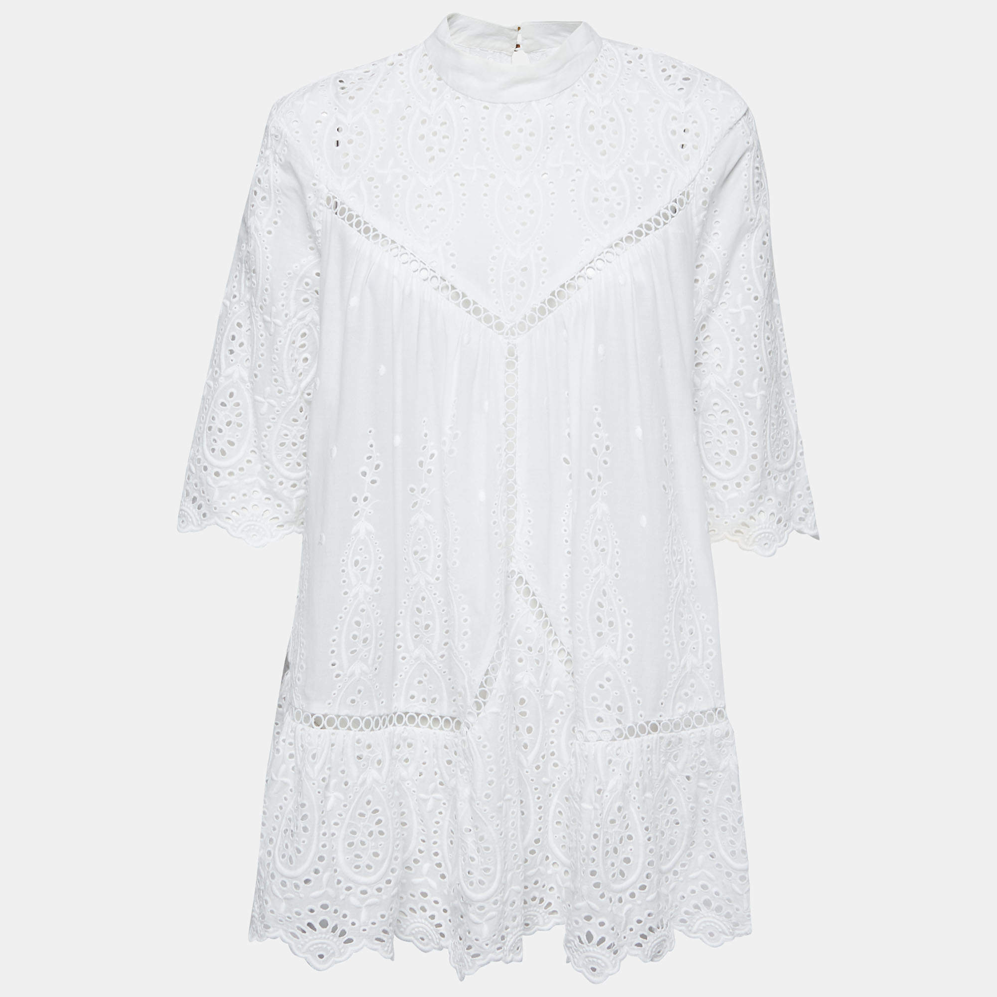 Pre Owned Zimmermann White Embroidered Cotton Scalloped Blouse L