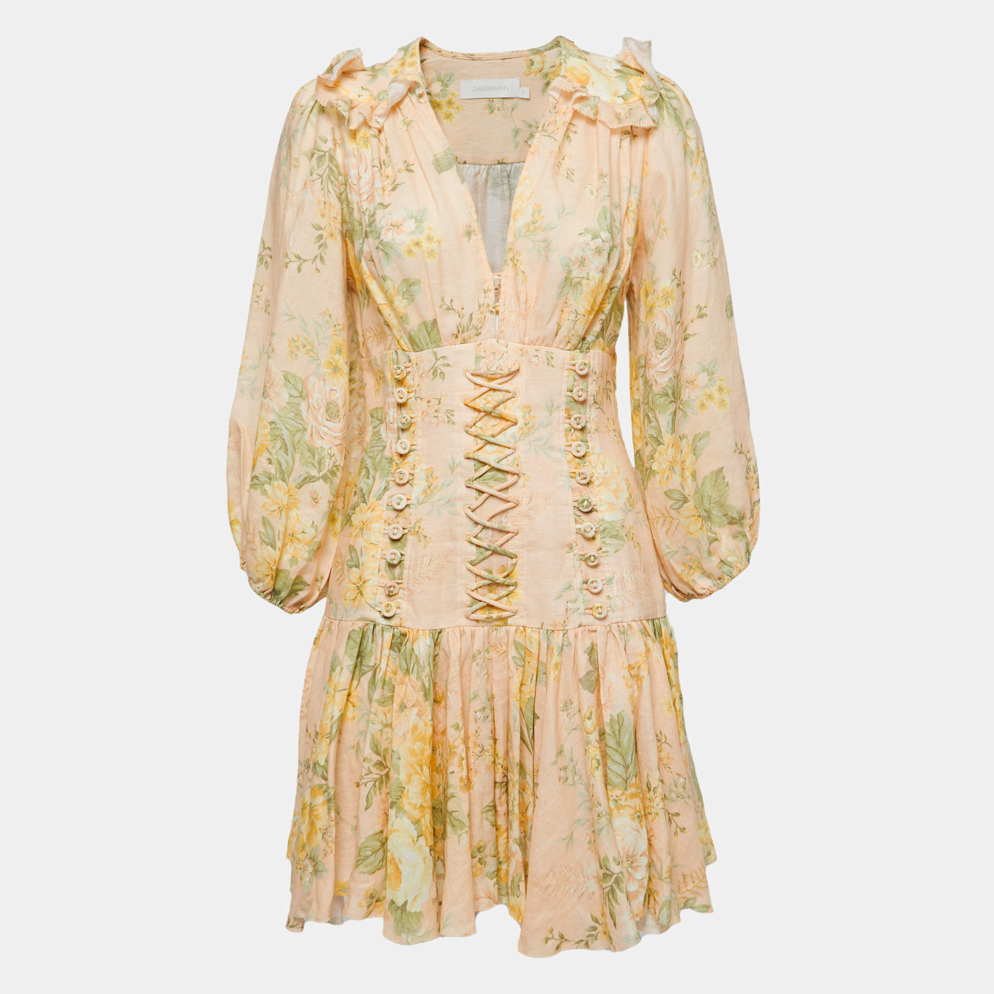 Pre Owned Zimmermann Light Pink Floral Printed Linen Ruffled Mini Dress M