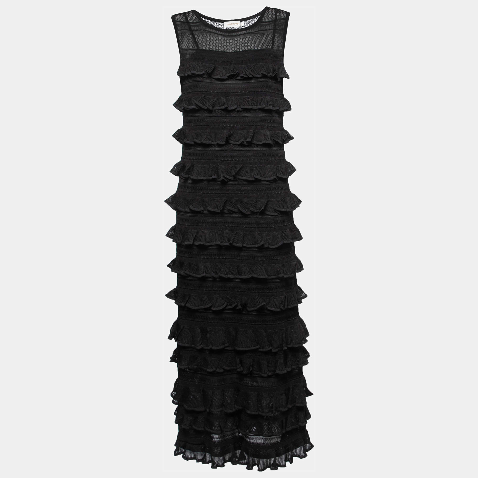 Zimmermann Black Knit Tiered Ruffle Sleeveless Maxi Dress L