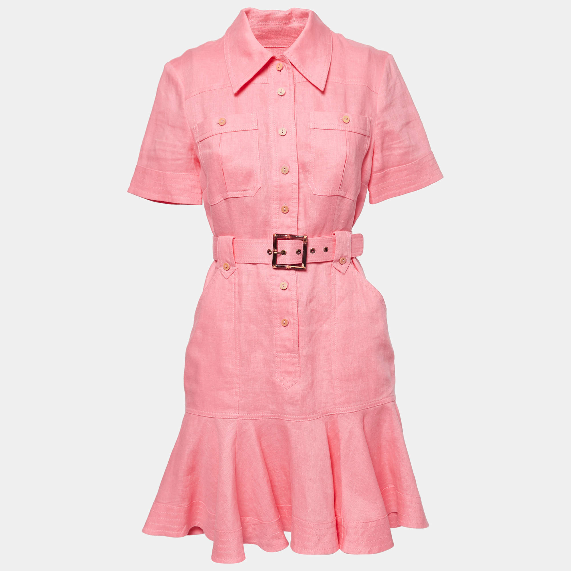 Zimmermann Pink Linen Belted Shirt Dress S