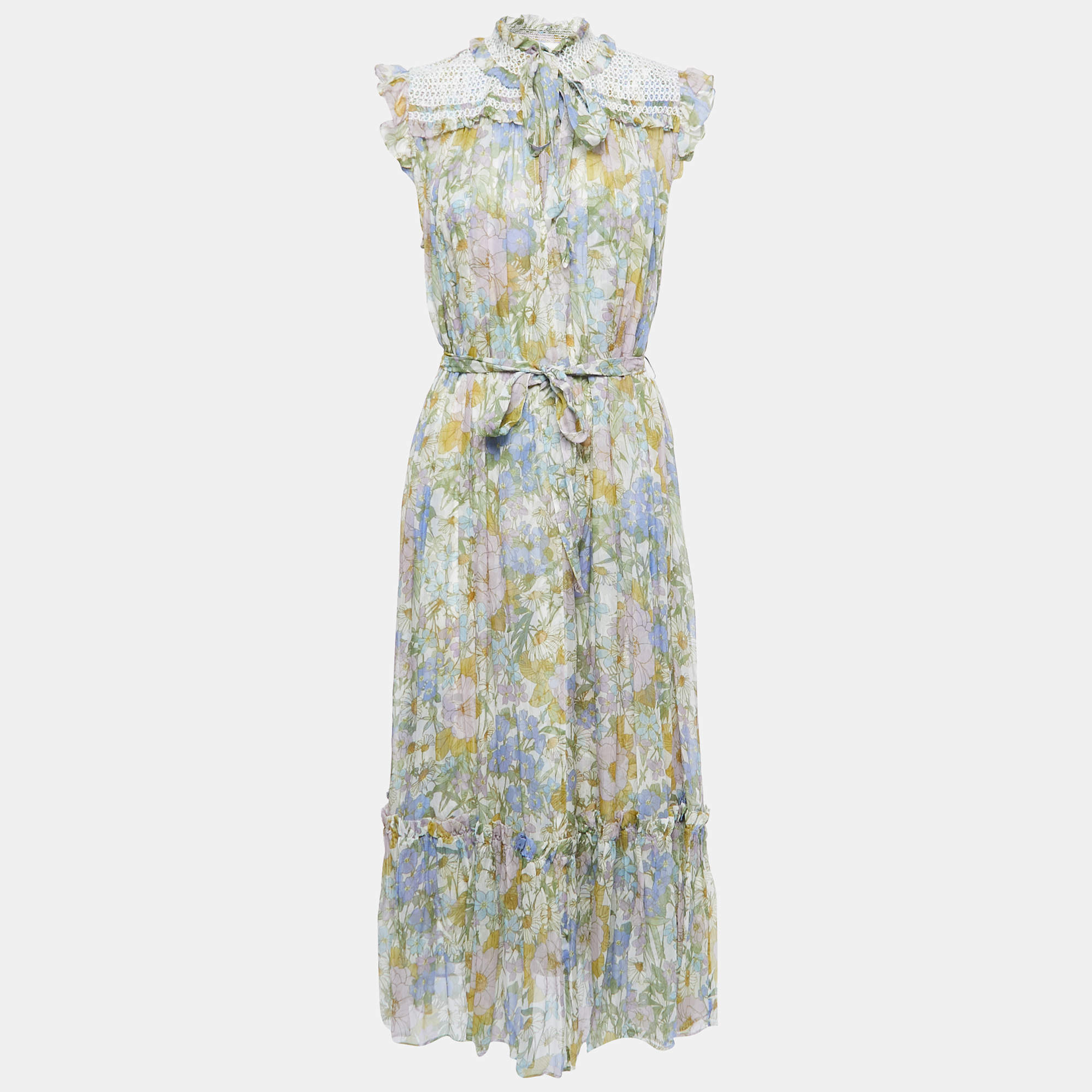 Pre Owned Zimmermann Multicolor Floral Printed Silk Tie Detail Midi Dress L