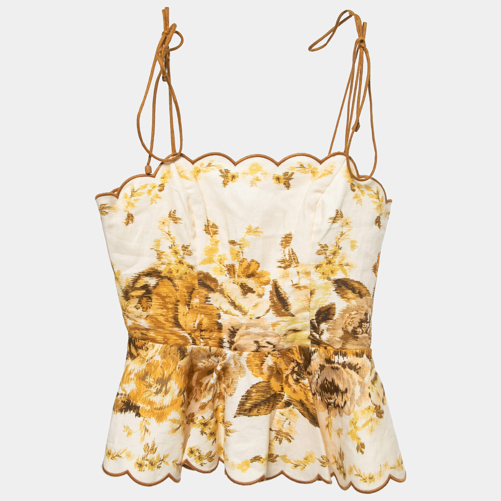 Zimmerman Cream/Yellow Floral Print Linen Scalloped Peplum Top S