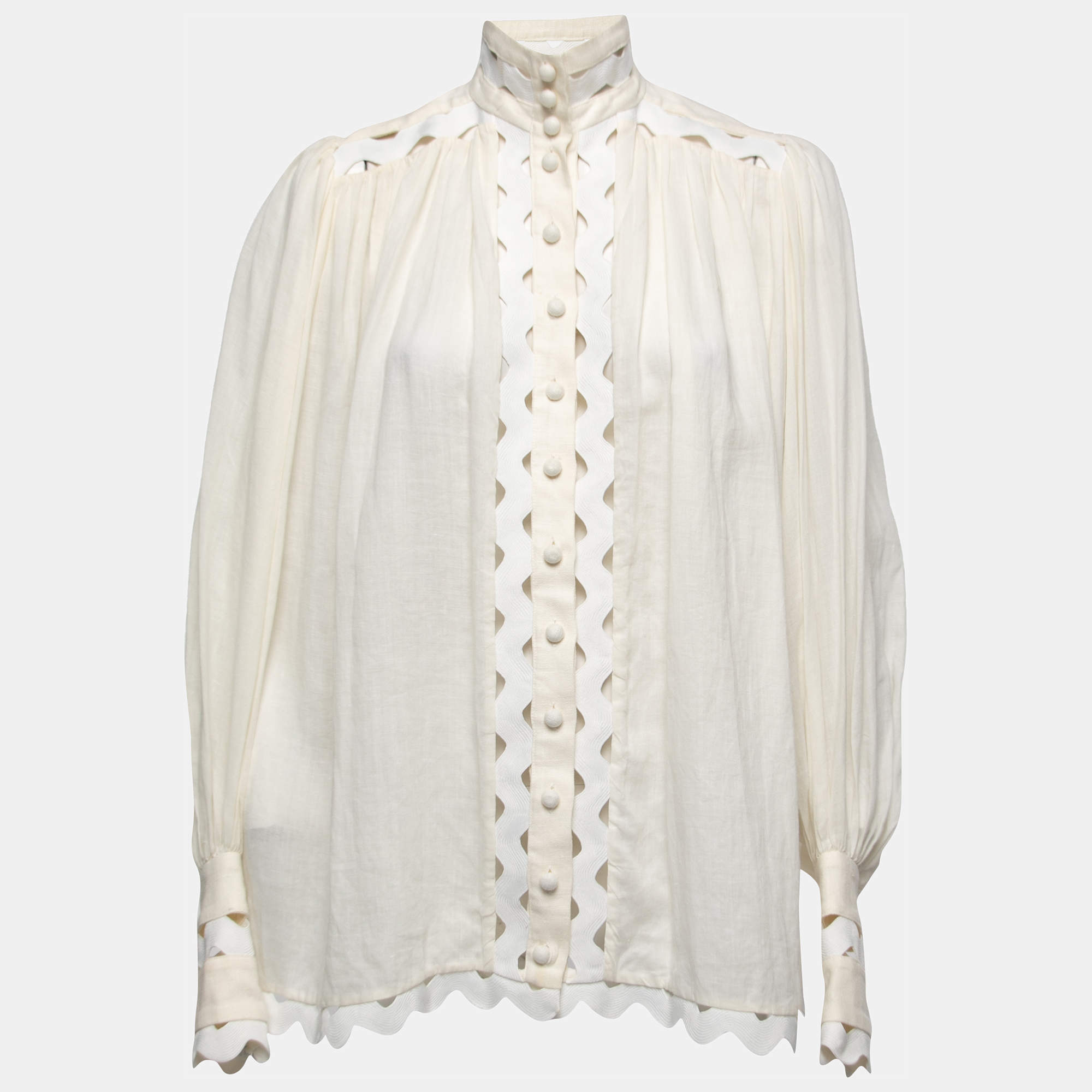 Pre Owned Zimmermann White Ramie High Neck Full Sleeve Top S