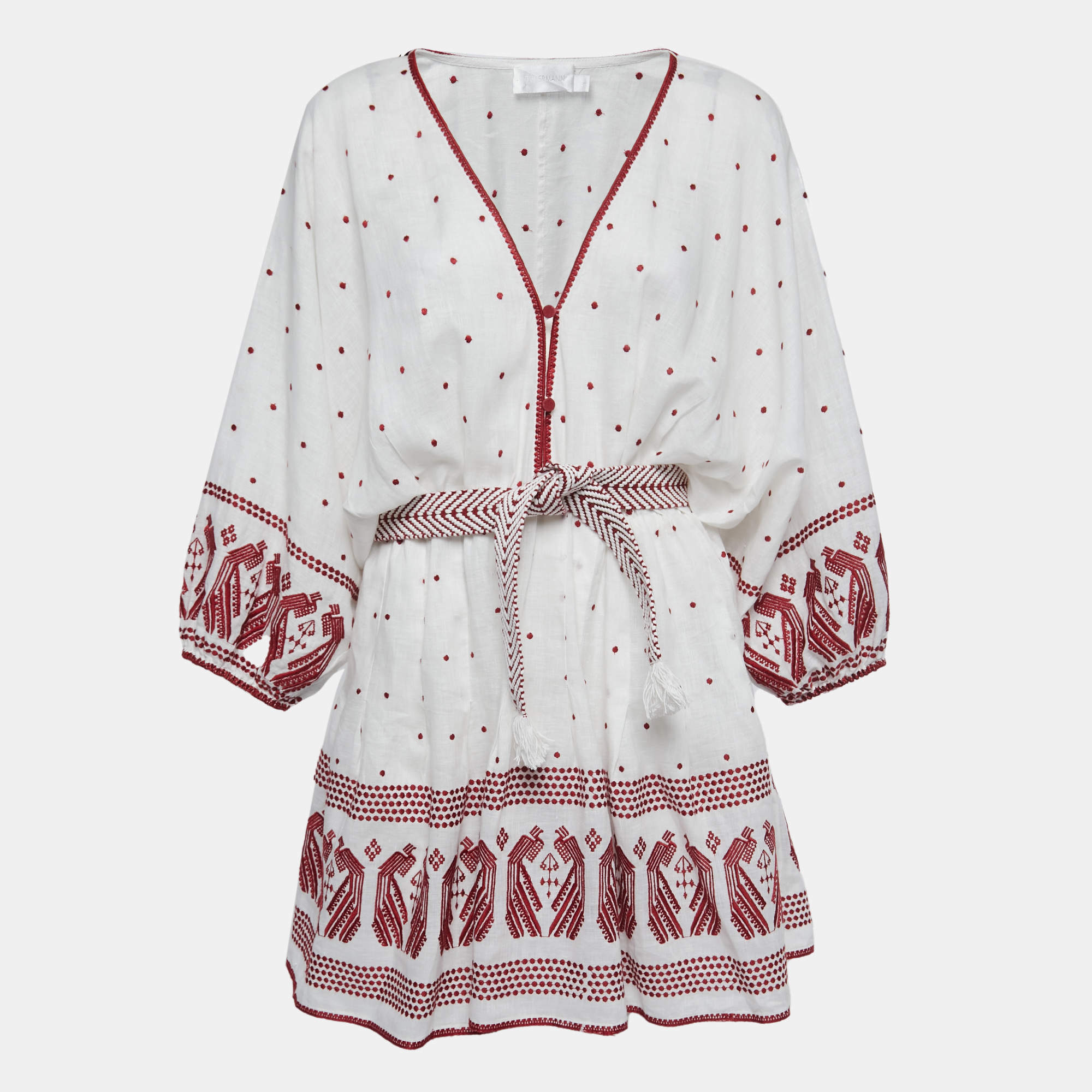 Pre Owned Zimmermann White/Brown Embroidered Linen Belted Waist V-Neck Mini Dress L
