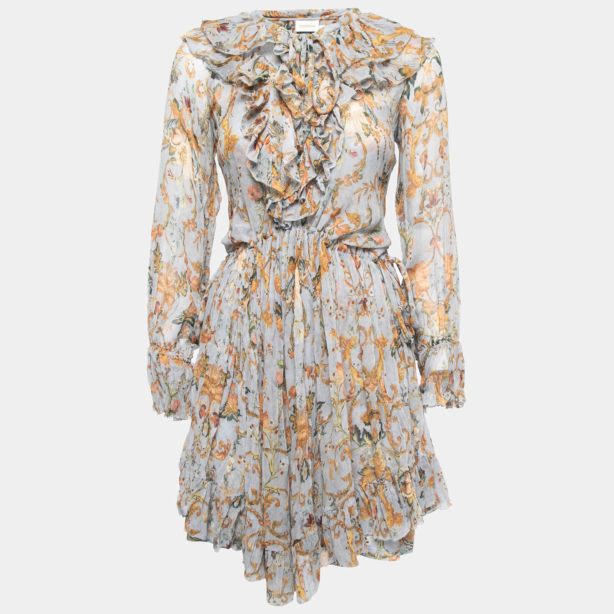 Pre Owned Zimmermann Blue Floral Printed Crinkled Chiffon Ruffled Drawstring Dress S
