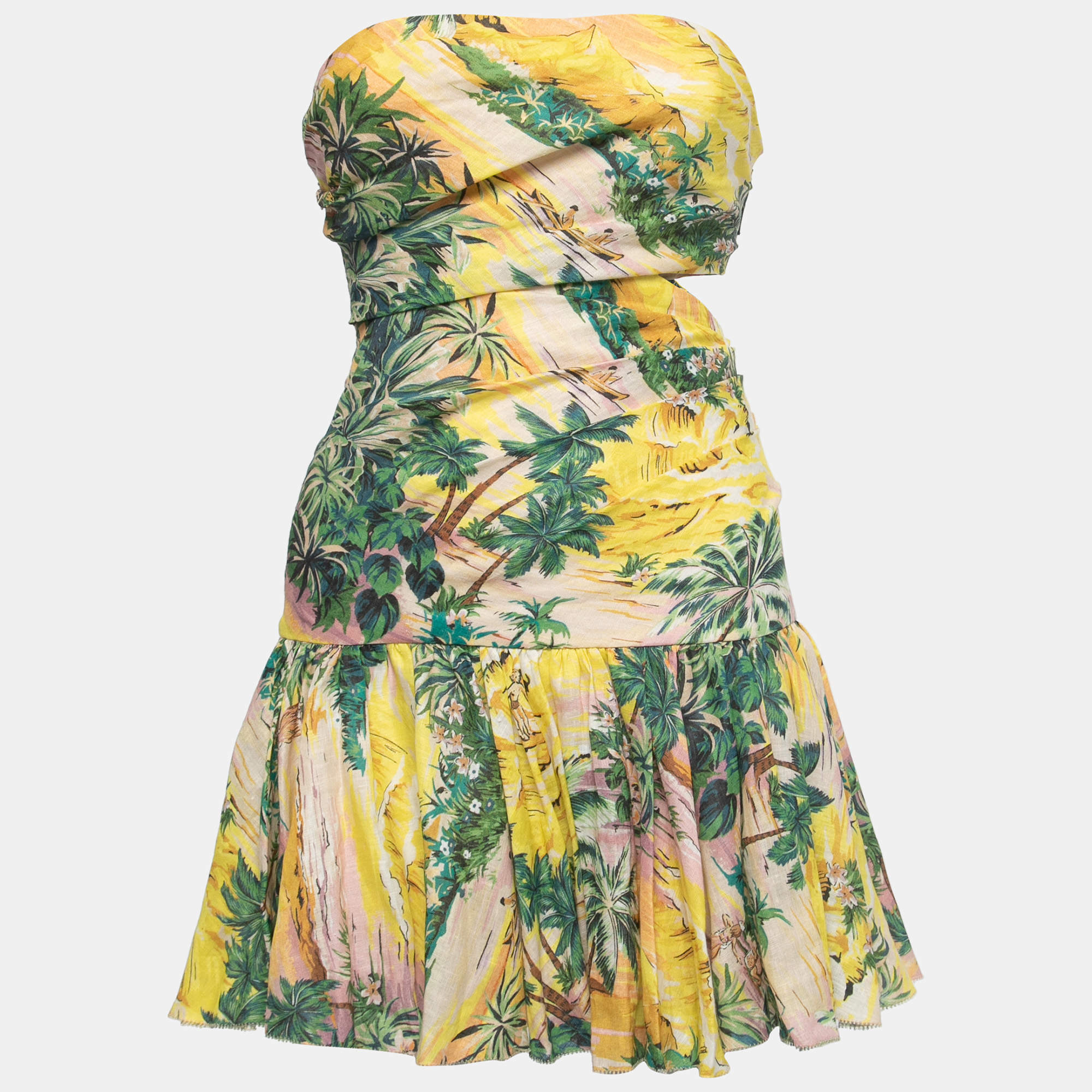 Pre Owned Zimmermann Yellow Cutout Printed Linen Strapless Mini Dress S