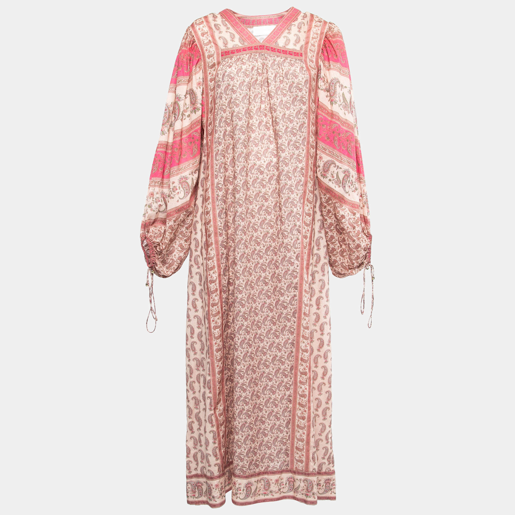 Zimmermann Pink Paisley Printed Cotton Long Puff Sleeve V-Neck Maxi Dress M