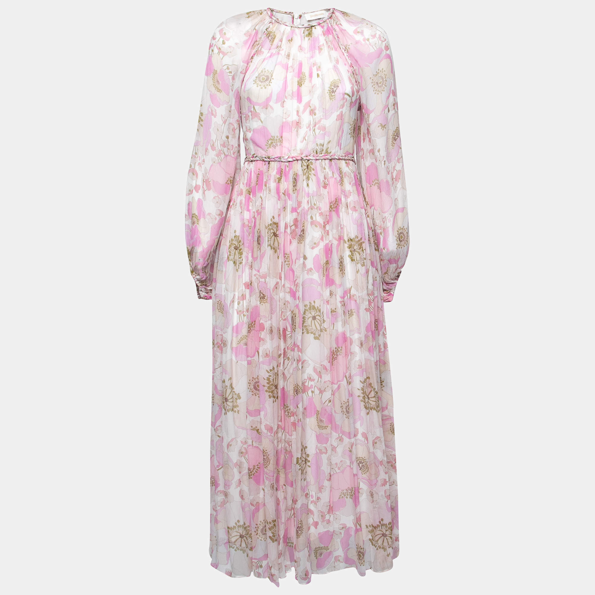 Zimmermann Pink Floral Printed Silk Chiffon Braid Detailed Long Sleeve Gown M
