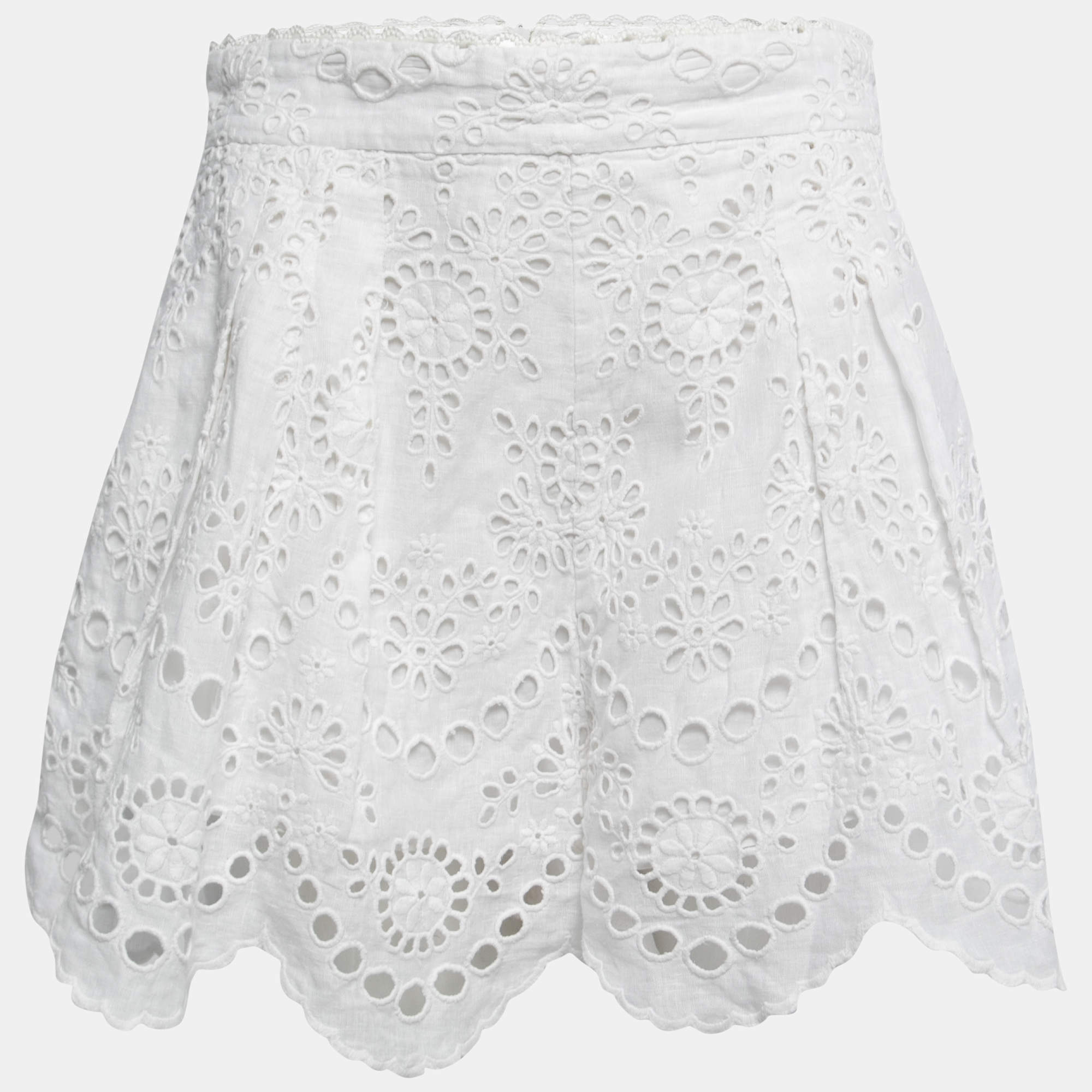 Zimmermann White Embroidered Eyelet Linen Pleated Shorts L