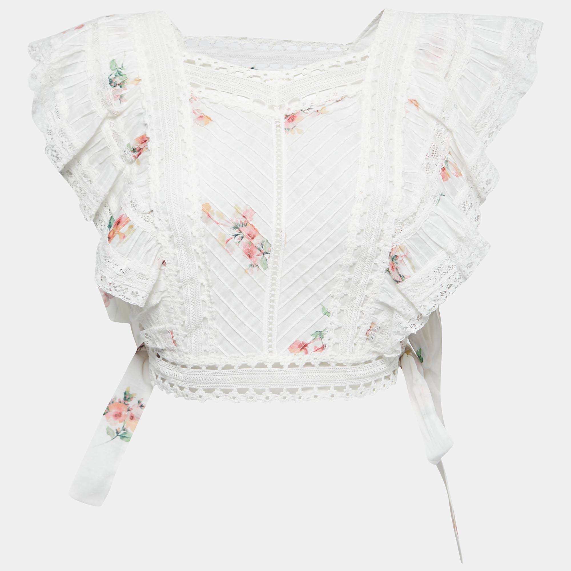 Pre Owned Zimmermann White Floral Printed Cotton Lace Trimmed Side Tie Detail Crop Top L