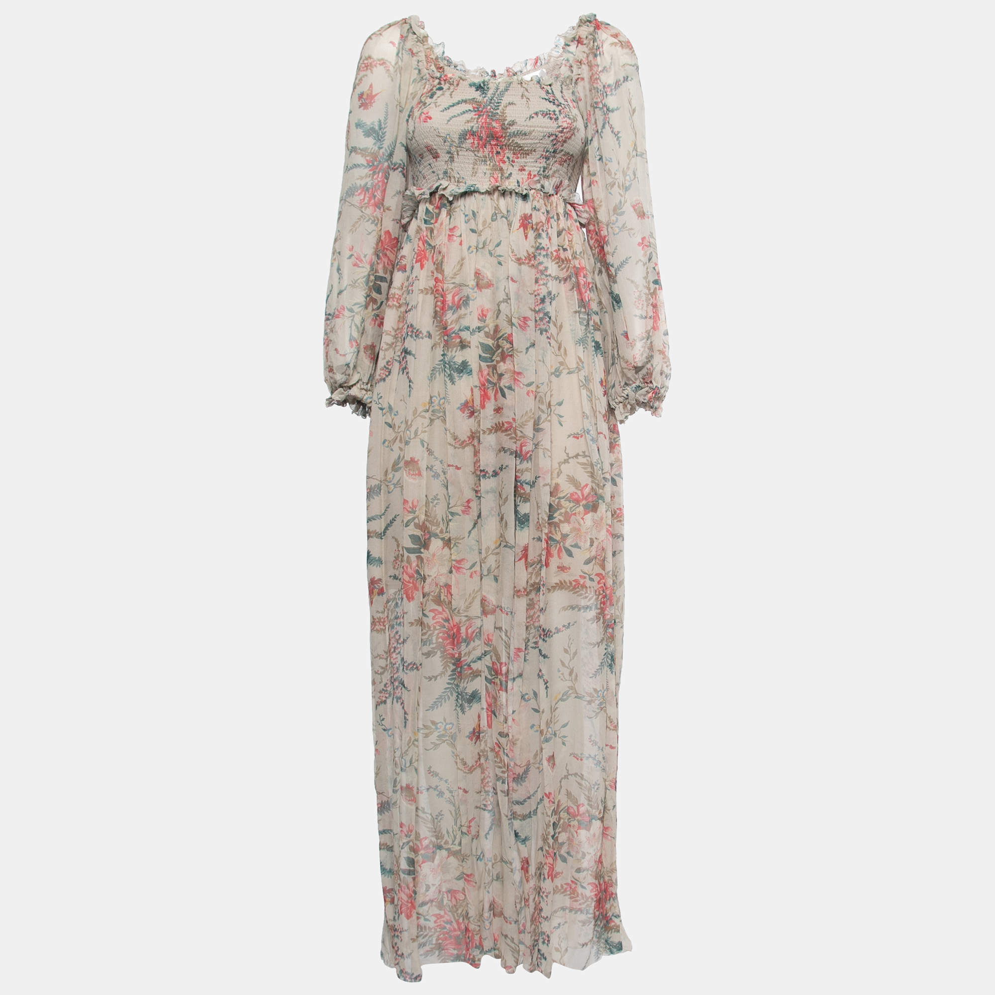 Zimmermann Multicolor Printed Silk Chiffon Shirred Long Sleeve Maxi Dress S