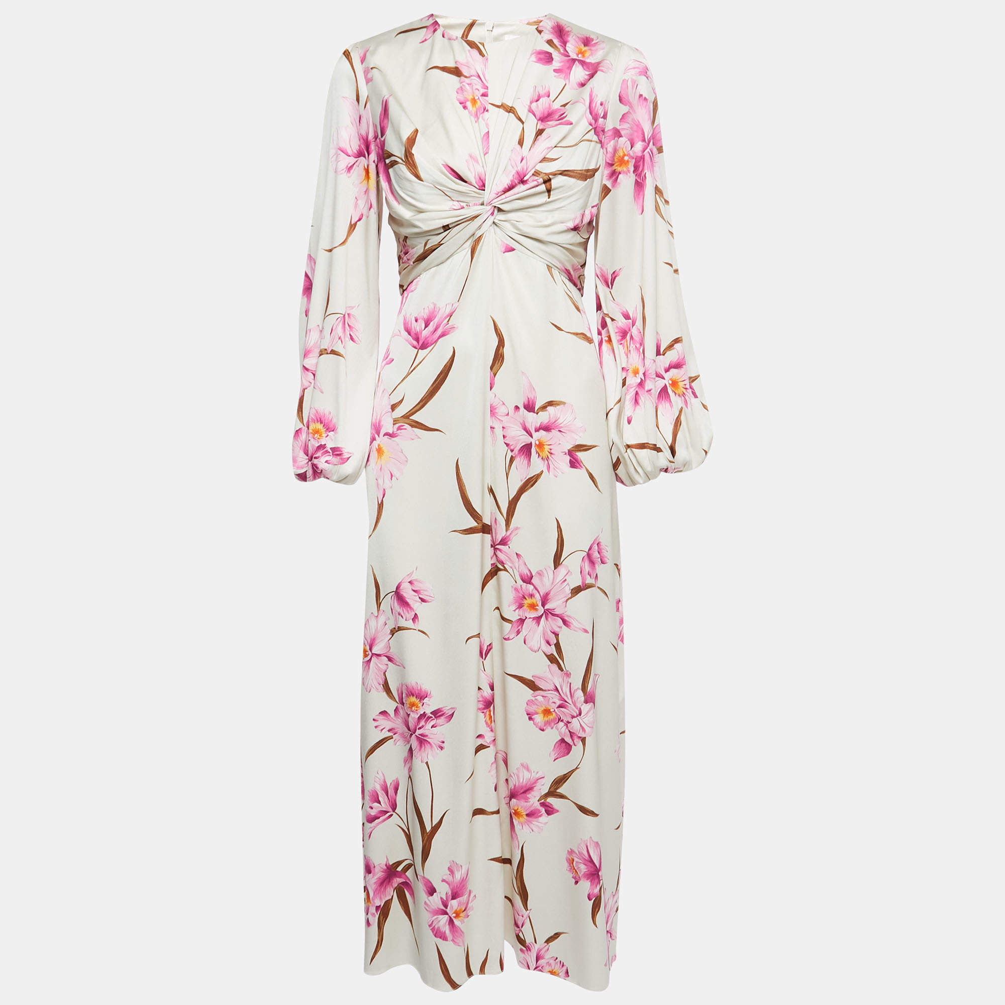 Zimmermann Off-White Orchid Print Silk Blend Ruched Midi Dress M