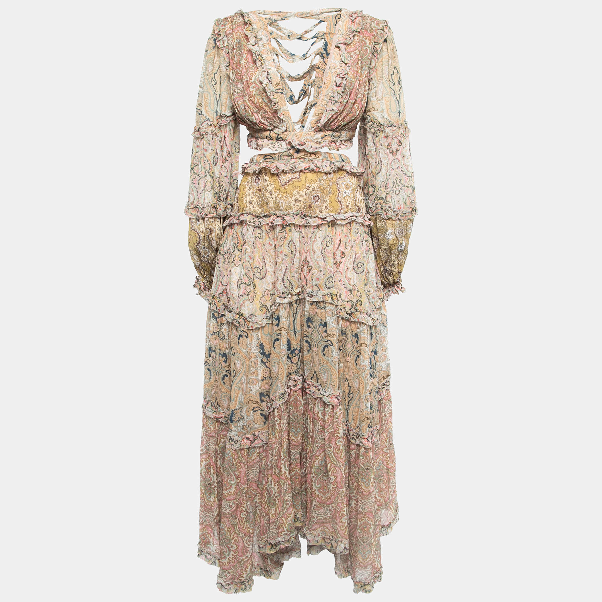 Zimmermann Multicolor Paisley Print Chiffon Blouson Sleeve Cut-Out Detail Open Back Midi Dress M