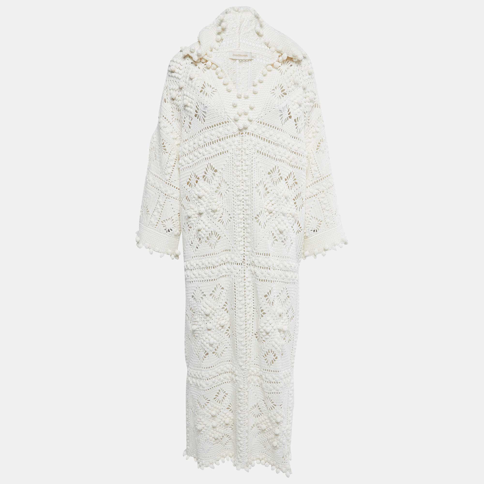 Zimmermann White Crochet Knit Hooded Midi Dress M/L