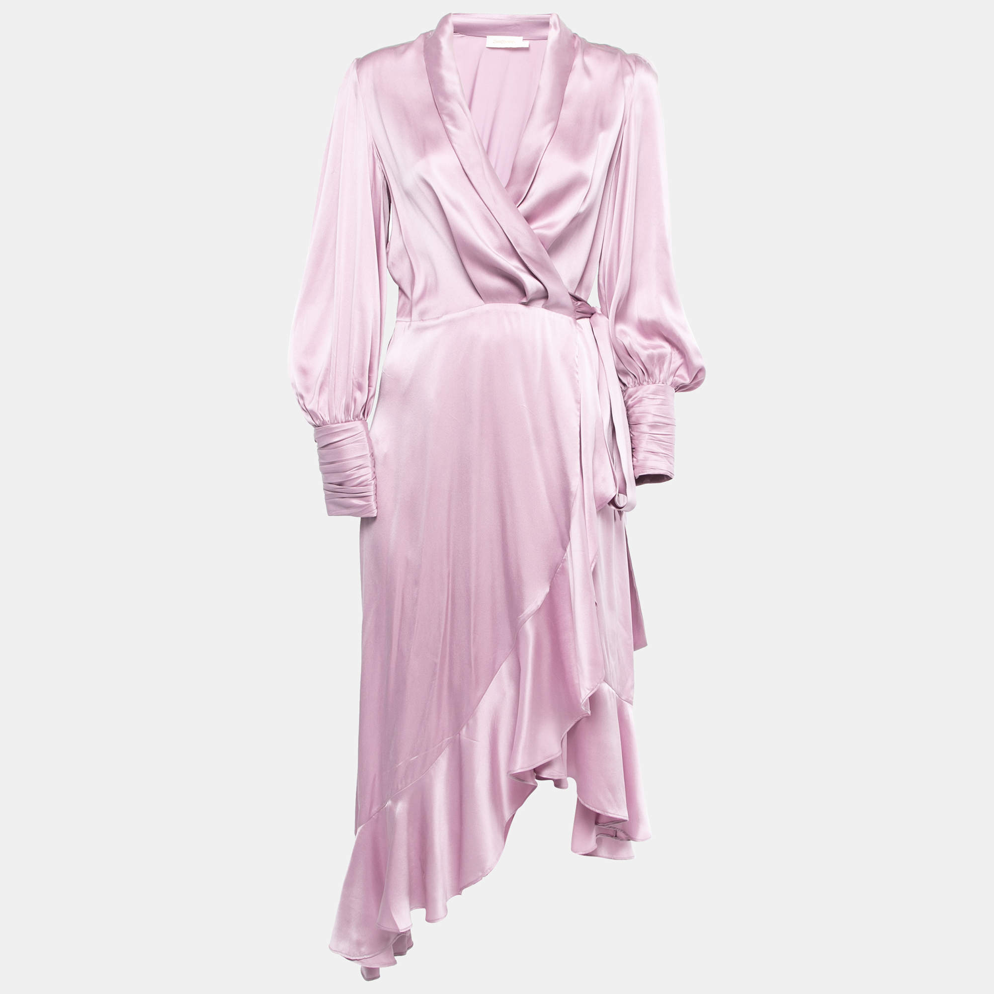 Pre Owned Zimmermann Purple Silk Satin Wrap On Asymmetrical Midi Dress M